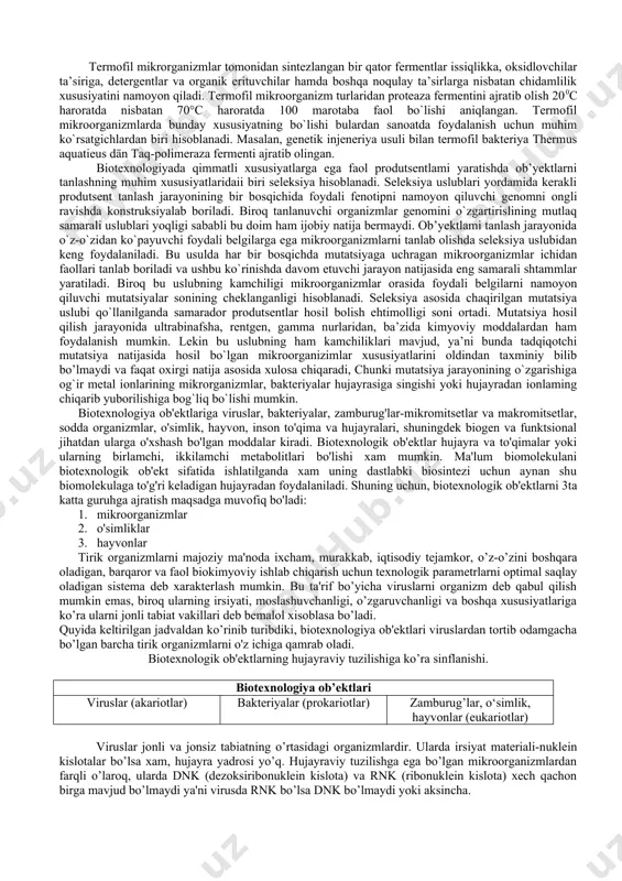 ta’minlay olishi; -boshqa mikrorganizmlarga nisbatan yuqori rezistentlik xususiyatini namoyon qilishi va raqobatbardoshliligi. yuqorida sanab o`tilgan xususiyatlarga ega mikroorganizmlardan foydalanilganda sanoatda mahsulot ishlab chiqarish uchun qilinadigan sarf- xarajatlar miqdori minimal darajada bo`ladi. lekin tabiatda ba’zi bir mikroorganizmlaming yashash imkoniyatlari yuqori bo`lishi doim ham mavjud bo`lmaydi. sharoitga qarab hal qiluvchi mezonlar ham o`zgaradi. mikroorganizmlar bilan ishlayotganda yashash sharoitlarini ham hisobga olish kerak bo`ladi. shuning uchun mikroorganizmlaming ba’zi bir xususiyatlari to`g`risida to`xtalib o`tmoqchimiz. bir hujayrali organizm yuksak organizmlardan sintetik jarayonlarning tez borishi va o`sish tezligi bilan ajralib turadi. lekin bu xususiyat barcha mikroorganizmlar uchun, tegishli emas. masalan, oligotrof mikroorganizmlar sekin o`sishi bilan xarakterlansa-da, qimmatli mahsulot sintezlay olish qobiliyatiga ham ega. jarayonlar uchun foydalanishda asosiy e’tibor ko`pincha quyosh nurlaridan hayotiy ehtiyojlari uchun kerakli energiyani oluvchi fotosintezlovchi mikroorganizmlardan foydalaniladi. bu guruhga kiruvchi sianobakteriyalar va fotosintezlovchi eukariotlar uglerod manbai sifatida co2 dan foydalanadi. sianobakteriyalarga kiruvchi ba’zi bir mikroorganizmlar esa erkin havo azotini o`zlashtirish xususiyatiga ega hisoblanadi. …
