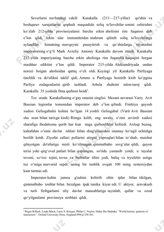 tersiydan kam turmas edi. imperator-kohin jamoa g'ashini keltirib oltin iplar bilan tikilgan, qimmatbaho toshlar bilan bezalgan ipak tunika kiyar edi. u aktyor, aravakash va turli firibgarlami oliy davlat mansablariga tayinlab, qullar va ozod qo‘yilganlami provinsiya noiblari qildi. barchaning nafratiga sazovoi bo‘lgan geliogabal 222-yil mart oyida onasi bilan harbiylar tomonidan oldirildi. aqlsiz hukmdorning o'ligi rim ko‘chalarida ilmoq bilan sudralib, keyin axlatga cho‘miltirilib, emiliy ko‘prigidan tibiga tashlandi. severlar sulolasining so'nggi imperatori aleksandr 235-yil o‘idirilganidan so‘ng qo'shin davlat nazoratidan chiqdi. legionerlar birin-ketin tarixshunoslikda «askar imperatorilari» deb atalgan hukmdorlami taxtga chiqardilar. ular taxtda uzoq o‘tira olmadilar. imperator filipp arab (244—249-yillar) davrida 248-yil aprelida abadiy shahar deb atalgan rimning 1000 yilligi hashamatli bayram qilindi. publiy litsiniy valeriyan (253—260- yillar) va uning o‘g‘li 35 yoshli gallien (253—268-yillar) davrida tushkunlik eng yuqori cho‘qqisiga chiqib, imperiya amalda bir necha qismlarga parchalandi. galliya, ispaniya va britaniyada hokimiyatni kassian postum (258—268-yillar) bosib olib gall imperiyasini, sharqda septimey odinat (26i—267-yillar) qudratli …