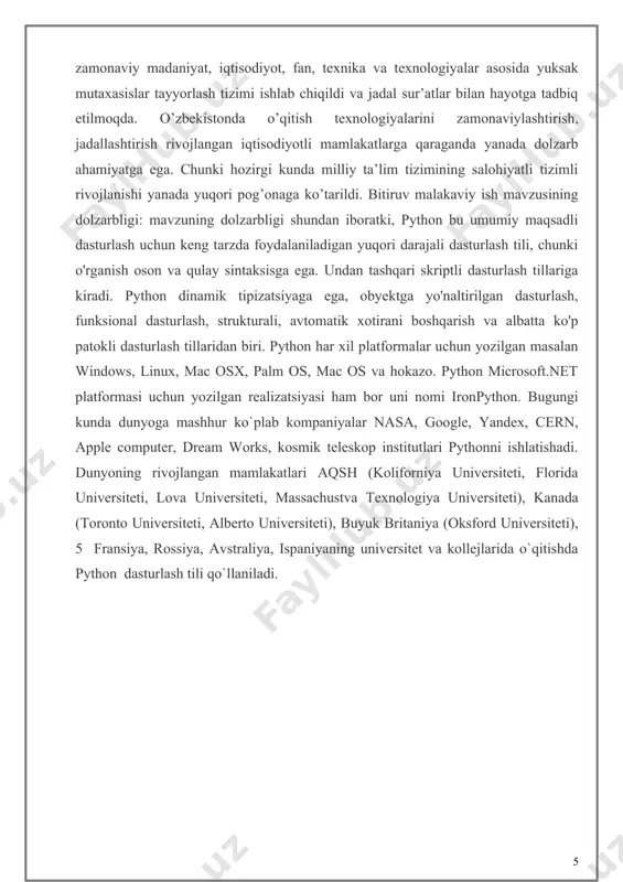 ory/') os.listdir()yo'l argumenti bilan berilgan katalogdagi fayllar va pastki kataloglarni o'z ichiga olgan python ro'yxatini qaytaradi : python >>> os.listdir('my_directory/') ['sub_dir_c', 'file1.py', 'sub_dir_b', 'file3.txt', 'file2.csv', 'sub_dir'] bunday katalog ro'yxatini o'qish oson emas. loop yordamida qo'ng'iroqning natijasini chop etish os.listdir()narsalarni tozalashga yordam beradi: python >>> entries = os.listdir('my_directory/') >>> for entry in entries: ... print(entry) ... ... sub_dir_c file1.py sub_dir_b file3.txt file2.csv sub_dir zamonaviy python versiyalarida katalog ro'yxati pythonning zamonaviy versiyalarida va dan os.listdir()foydalanish muqobildir .os.scandir()pathlib.path()os.scandir()python 3.5 da kiritilgan va pep 471 da hujjatlashtirilgan . os.scandir()chaqirilganda ro'yxatdan farqli ravishda iteratorni qaytaradi: python >>> import os >>> entries = os.scandir('my_directory/') >>> entries scandiriteratorjoriy katalogdagi barcha yozuvlarga ishora qiladi . siz iteratorning mazmunini aylanib chiqishingiz va fayl nomlarini chop etishingiz mumkin: python import os with os.scandir('my_directory/') as entries: for entry in entries: print(entry.name) bu erda, bayonot os.scandir()bilan birgalikda ishlatiladi, withchunki u kontekst menejeri protokolini qo'llab-quvvatlaydi. kontekst menejeridan foydalanish iteratorni yopadi va iterator tugagandan …