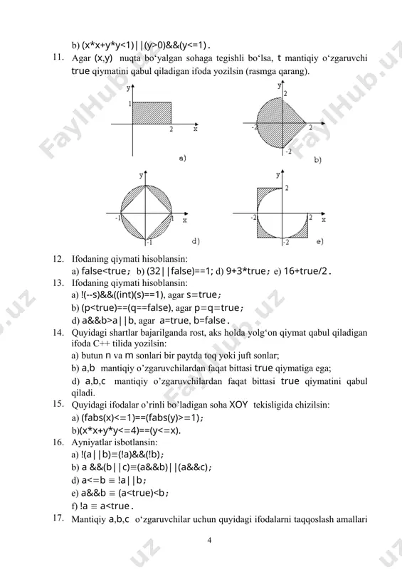 hadlar soni ikkitadan kam bo‘lmagan nol bilan tugaydigan natural sonlar ketma-ketligi berilgan. tartib nomerlari tub sonlar bo‘lgan hadlar yig‘indisi hisoblansin. 29. berilgan natural sonning raqamlarini teskari tartibda yozishdan hosil bo‘ladigan son hosil qilinsin. 30. butun n (n>0) soni va n ta haqiqiy sonlar ketma-ketligi berilgan. ketma-ketlik monotonlikka tekshirilsin. 31. o‘nlik sanoq sistemasida berilgan son o‘n oltilik sanoq sistemasiga o‘tkazilsin. 32. natural n soni va o‘zaro teng bo‘lmagan n ta butun sonlar ketma-ketligi berilgan. bu ketma - ketlikning eng katta elementidan kichik bo‘lgan sonlarning eng kattasi topilsin. 33. berilgan ixtiyoriy n ta sonlar ichidan to‘la qvadratlar miqdori aniqlansin. 34. haqiqiy turdagi n ta sonlar juftligi berilgan. . har bir sonlar juftini tekislikdagi nuqta koordinatalari deb qarab, berilgan nuqtalar ichidan o‘zaro maksimal masofadagi nuqtalar koordinatasini chop etilsin. 35. musbat a haqiqiy soni va ...+... qonuniyat berilgan. s>a shartni qanoatlantiruvchi birinchi n soni chop etilsin. 36. berilgan musbat a haqiqiy sonning raqamlari yig‘indisi …
