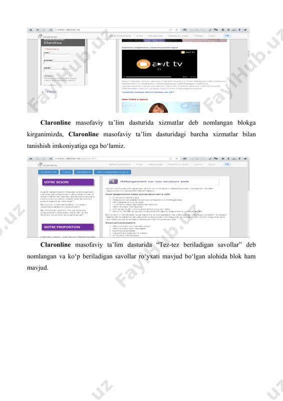 e masofaviy ta’lim platformasiga o‘xshash platformalarga misollar keltiring. 4. claroline masofaviy ta’lim platformasida qanday bloklar mavjud? 5. tizim ishlashi uchun serverda qanday dasturlarni o‘rnatilishi talab qilinadi? 6. claroline dasturiy majmuasidan nechta davlatlarda foydalanishadi? 7. claroline masofaviy ta’lim platformasi nechta tillarga (dastur interfeysi) tarjima qilingan? 8. claroline masofaviy ta’lim platformasi qayerda yaratilgan? 9. elearning deganda nimani tushunasiz? image6.png image7.png image8.jpeg image9.png image10.png image1.png image2.png image3.png image4.png image5.png