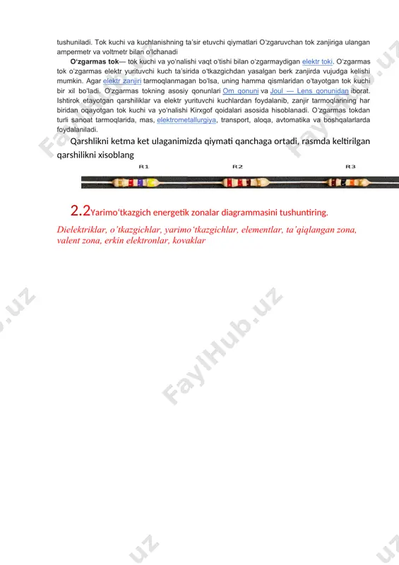 vaklar 2.3 . maydoniy tranzistorlar haqida umumiy ma’lumot o‘tish boshqarilishi, istok (i); stok (s); zatvor (z) elektrodtoklariasosiyzaryadtashuvchilarningkristallhajmidagielektrmaydonta’siridadreyfharakatlanishigaasoslanganuchelektrodli, kuchlanishbilanboshqariladiganyarimo‘tkazgichasbobmaydoniytranzistor (mt) deyiladi. mtlardatokhosilbo‘lishidafaqatbirturli– asosiyzaryadtashuvchilar (elektronlaryokikovaklar) qatnashganisababliularba’zanunipolyartranzistorlardebataladi. mtlarda, btlardagikabitezkorlikkata’siretuvchiinjeksiyavaekstraksiyanatijasidanoasosiyzaryadtashuvchilarningto‘planishjarayonlarimavjudemas. r–no‘tishbilanboshqariluvchin – kanallimttuzilmasiningko‘ndalangkesimivauningshartlibelgilanishi 15.1 - rasmdakeltirilgan. n–turdagi sohakanaldebataladi. kanalgazaryadtashuvchilarkiritiladigankontaktistok (i); zaryadtashuvchilarchiqibketadigankontaktstok (s)debataladi. zatvor (z)boshqaruvchielektrodhisoblanadi. zatvorvaistokoralig‘igakuchlanishberilgandayuzagakeladiganelektrmaydonikanalo‘tkazuvchanligini, natijadakanaldanoqibo‘tayotgantoknio‘zgartiradi. zatvorsifatidakanalganisbatano‘tkazuvchanligiteskariturdagisohaqo‘llaniladi. ishchirejimdauteskariulanganbo‘libkanalbilanr – no‘tishhosilqiladi. mtdaelektrodlaruchtabo‘lganisababli, uchxilulanishsxemalarimavjud: umumiyistok (ui), umumiystok (us) vaumumiyzatvor (uz). bundamtelektrodlaridanbirisxemaningkirishvachiqishzanjirlariuchunumumiy, uningo‘zgaruvchantok (signal) bo‘yichapotensialiesanolgatengqilibolinadi. asosiyulanishsxemasibo‘libuiulanishxizmatqiladi 3-bilet 3.1. kirxgofning birinchi qonunini izohlovchi sxemani keltiring va hisoblang. qarshiliklakdi parallel ulaganimizda qiymati qanchagacha o’zgaradi? 3.2. yarimo’tkazgich diodlar haqida ma’lumot bering. elektrod, anod, katod, elektron, kovak, o‘zgaruvchan tok, o‘zgarmas tok yarimo‘tkazgichdioddebbir (yokibirnecha) elektro‘tishlargaegaikkielektrodlielektronasbobgaaytiladi. diodlarradioelektronqurilmalardaishlatilishivabajaradiganvazifasigamuvofiqtasniflan