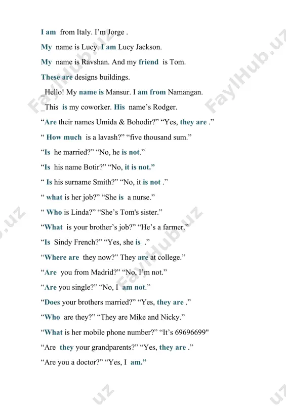 rgiz?” “no, he is not” “is it cold today?” “no, it is not.” “is your cat 3 years old?” “yes, it is.” “is your younger sister married?” “no, she is not.” “what is your favorite cartoon ?” “tom and jerry.” “what does she do?” “she is an interpreter.” “what is that?” “it’s an apple” “what is his job ?” “he is a hotel manager.” “what is your surname?” “my surname’s babanov.” “where are you at the moment?” “in my office.” “where is he from?” “he is from china.” “where is nick from?” “he is from the uk.” 1/0/2/11/18/30 find the correct alternative. a barman a man who serves drinks in a bar a nurse looks after people in hospital. a volkswagen is a german car. a: where did she get a job?b: in the company. a: when does it rain here? b: mostly in summer and winter. a:when it snow? …