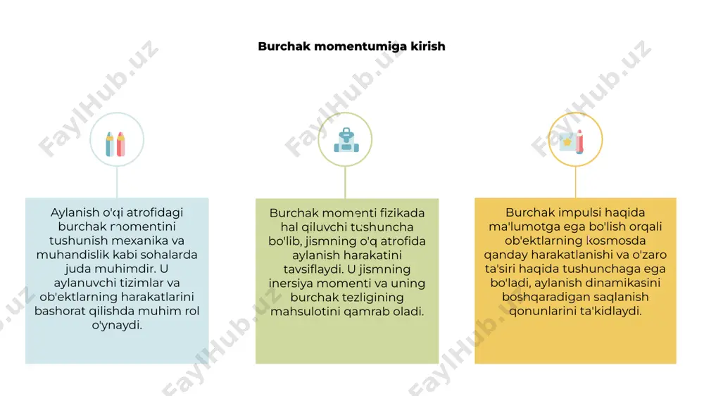 imdir. harakatdagi burchak momentiga misollar 1 2 3 2 burchak impulsi - bu jismning o'z o'qi atrofida aylanish harakatini tavsiflovchi fizika tushunchasi. masalan, aylanuvchi tepa yoki aylanadigan velosiped g'ildiragi. 1 ushbu misollarda tizimning burchak momenti ob'ektning massasi, tezligi va aylanish o'qidan masofa bilan aniqlanadi. 3 burchak momentumini tushunish bizga aylanuvchi jismlarning harakatini tahlil qilishda yordam beradi va yaxshi ishlash va barqarorlik uchun muhandislik dizaynimizni takomillashtirishga yordam beradi. e'tiboringiz uchun rahmat