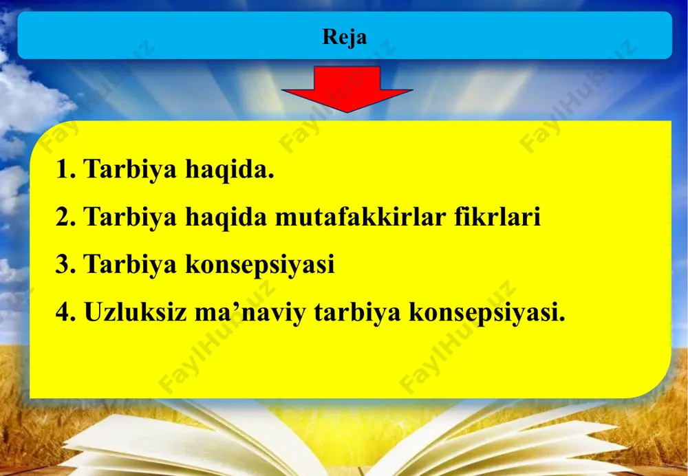 va ilm ahlidan mol – dunyosini ayamasin, barcha real moddiy narsalar to’g’risida bilimga ega bo’lsin». ibn sino bola tarbiyasi va tarbiya usullari haqida qimmatli fikrlarini bildirgan. ibn sino bolaning axloqiy tarbiyasi haqida bildirgan fikrlarida uy – ro’zg’or tutish masalalari xususida ham so’z yuritadi. bolani tarbiyalash oila ota – onaning asosiy maqsadi va vazifasidir. o’z kamchiliklarini tuzatishga qodir bo’lgan ota – ona tarbiyachi bo’lishi mumkin. ibn sino bolada axloqiy xususiyatlarni mehnat, jismoniy aqliy tarbiya bilan uzviy birlikda shakllantirishni, uni inson qilib kamol toptirishda asosiy omil deb biladi. yusuf xos xojibning uqtirishicha har bir kishi jamiyatga munosib bo’lib kamol topmog’i kerak. buning uchun u tug’ilgan kundan boshlab zarur tarbiyani olmog’i lozim. u qobil qizning tarbiyasi haqida fikr yuritar ekan, ularning o’zlariga xos xususiyatiga e’tibor berishni ta’kidlaydi. farzandlar tarbiyasi nihoyatda erta boshlanmog’i shart. shundagina ularning noo’rin xatti – harakatlariga berilishining oldi olinadi. mirzo ulug’bekning oila muhiti sog’lom avlodni yetishtirish haqidagi fikrlari shundan iboratki, …