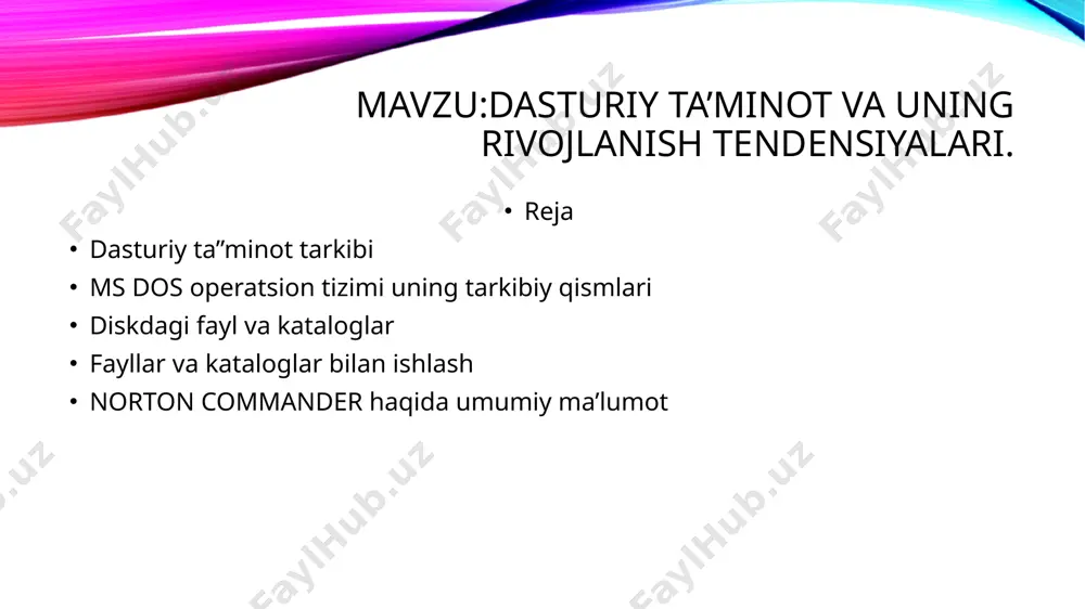 ifali (bir kishi foydalanuvchi); -ko’p vaifali (ko’p kishi foydalanuvchi); -tarmoqli bir vazifali ot bir foydalanuvchining har bir aniq paytda aniq vazifani bajarish uchun mo’ljallangan. bunday operatsion tizimlarning tipik vakili ms dos dir (uni microsoft firmasi ishlab chiqqan). ko’p vazifali ot vaqtni multidastur rejimida aqsimlashda ehmdan jamoa bo’lib foydalanishni ta’minlaydi (ehm xotirasida bir necha dastur vazifalar bo’ladi va prosessor kompyuter resurslarini vazifalar o’rtasidataqsimlaydi). bunday sinfdagi otning tipik vakillari –ibm korparatsiyasining unix, os2, microsoft windows 95, microsoft windows nt va boshqalardir. tarmoqli operatsion tizimlar lokal va global tarmoqlarni paydo bo’lishi bilan bog’liq va foydalanuvchining hisoblash tarmoqlari barcha resurslariga kirishini ta’minlash uchun mo’ljallangan. tarmoqli otlarning tipik vakillari –novell netware, banyan vines, ibm lan, sun firmasi mahsuloti solaris dir. otning sozlovchisi bo’lgan qobiqlar operatsion qobiqlar deb ataladi. ultilitalar va avtonom dasturlar tor ixtisoslashgan bo’lib har biri o’z vazifasini dasturlardan farqli ravishda qobiqlar muhitida bajariladi. bunda ular o’z vazifasini baajarishda ot dasturli va boshqa utilitalar …