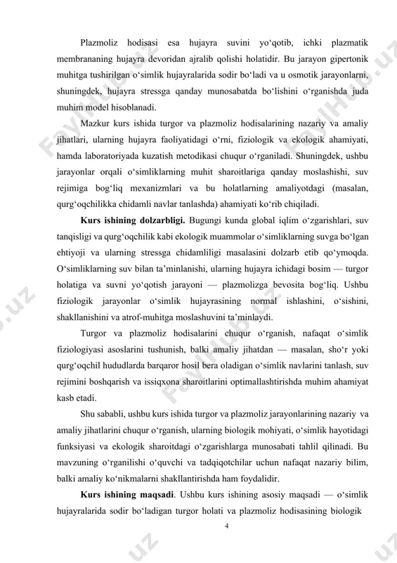 ushbu kurs ishining tadqiqot obyekti — o‘simlik hujayralarida suv almashinuvi bilan bog‘liq fiziologik jarayonlar, xususan turgor holati va plazmoliz hodisasi hisoblanadi. tadqiqot doirasida o‘simlik hujayralarining osmotik sharoitlarga qanday munosabat bildirishini, suv potensiali va hujayra bosimining o‘zgarishi natijasida yuzaga keladigan turgor va plazmoliz jarayonlarini kuzatish asosiy yo‘nalish sifatida tanlangan. kurs ishining predmeti. kurs ishining predmetiushbu kurs ishining predmeti — o‘simlik hujayralarida suv potensiali, osmotik bosim va tashqi muhit omillari ta’sirida yuzaga keladigan turgor va plazmoliz jarayonlarining fiziologik va biofizik mexanizmlarini o‘rganish hisoblanadi. tadqiqot davomida hujayra bosimi, suv harakati, osmotik muvozanat, turgorning o‘zgarishi va plazmolizning yuzaga kelishi kabi jarayonlarga asoslangan nazariy tushunchalar hamda ularni laboratoriya sharoitida kuzatish usullari tahlil qilinadi. kurs ishining tuzilishi - kurs ishiga kirish, 2 bob (6ta paragraf) xulosa foydalangan adabiyotlar royhati va ilovalardan iborat. i-bob. turgor holati: nazariy asoslar va va ahamiyati 1.1 turgor hodisasi tushunchasi va uning biologik mohiyati turgor — bu o‘simlik hujayralaridagi vakuola orqali suv …