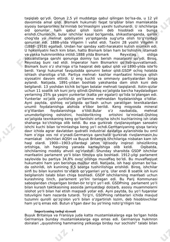 ilishi ishlab chiqarishining rivojlanishiga ta'sir etmay qolmadi. fransiyadan undirilgan tovonning ma'lum qismi harbiy buyurtmalar uchun to‘landi. bu omillar, ayni paytda, germaniyani agrar davlatdan industrial davlatga aylantirdi.germaniya kimyo sanoatida jahonda birinchi o‘ringa chiqib oldi. temiryo‘llar uzunligi 1890-yildagi 43 ming km dan 1914- yilga kelib 68 ming kilometrga yetdi. temir va po‘lat ishlab chiqarishda esa aqshdan so‘ng ikkinchi o‘ringa chiqdi. cho‘yan ishlab chiqarish 1892—1912-yillar orasida 4,9 mln. tonnadan 17,6 mln. tonnaga o‘sdi.sanoat rivojlanishi bilan ishlab chiqarish tobora yirikroq kor- xonalarda to‘plana bordi. bu davrda liar birida 1000 dan ortiq ishchi ishlaydigan korxonalar soni 600 taga yaqinlashgan edi.ayni paytda, sanoatda ishlab chiqarishining markazlashuvi kuchaydi. masalan, ko‘mir qazib chiqarish, cho‘yan va po‘lat eritish, asosan, 4 ta monopoliya qo‘liga o‘tdi 1914-yilga kelib, germaniyada sanoat ishlab chiqarishi 1871- yilga nisbatan 7 marta ko‘paydi. sanoat korxonalarida 1907-yilda qa- riyb 10,4 mln. nafar ishchi ishlar edi. sanoat ishlab chiqarish hajmi jihatdan germaniya dunyoda aqsh dan keyin ikkinchi o‘rinni …