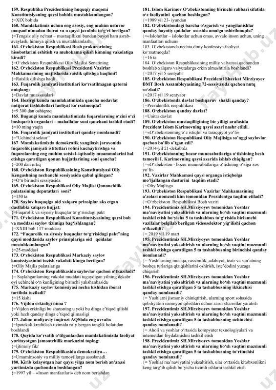o‘zbekiston respublikasini innovatsion rivojlantirish strategiyasini tasdiqlash to‘g‘risida»gi prezident farmoni (2018 yil 21 sentyabr) bilan o‘zbekiston respublikasining 2030 yilga kelib global innovatsion indeks reytingi bo‘yicha jahondagi nechta ilg‘or mamlakat qatoriga kirishiga erishish bayon etilgan? {= 50 ta 53. «oliy ta’lim muassasalarida ta’lim sifatini oshirish va ularning mamlakatda amalga oshirilayotgan keng qamrovli faol ishtirokini ta’minlash bo‘yicha qo‘shimcha chora-tadbirlar to‘g‘risida»gi prezident qarori (2018 yil 5 iyun) bilan ma’naviy-ma’rifiy ishlar bo‘yicha prorektor lavozimi o‘rniga qanday lavozim joriy etildi? {= yoshlar bilan ishlash bo‘yicha prorektor lavozimi 54. har qanday qonundan ko‘zlangan asosiy maqsad nimadan iborat bo‘ladi? {= inson huquqlarining asosiy prinsiplarini ro‘yobga chiqarishdan iborat* 55. siyosiy partiyalar va ijtimoiy harakatlar qanday vazifalarni bajaruvchi demokratik institut sifatida namoyon bo‘lishlari maqsadga muvofiq? {= xalq bilan hokimiyatni bog‘lovchi bo‘g‘in sifatida 56. o‘zbekiston respublikasi oliy majlisi qachondan boshlab ikki palatali parlament sifatida faoliyat yuritib kelmoqda? {= 2005 yildan boshlab 57. yuz nafar senatordan necha nafari mahalliy kengashlar vakillari hisoblanadi? …