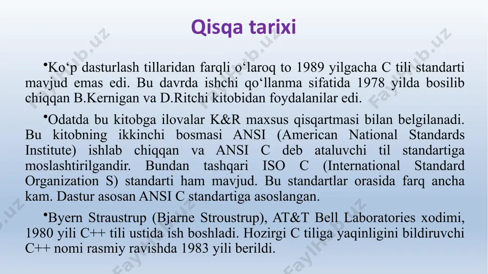 * # ~ ^ ko’rinmaydigan simvollar leksemalarni uzaro ajratish uchun ishlatiladigan simvollar (misol uchun bo’shliq, tabulyatsiya, yangi qatorga o’tish belgilari). izohlarda, satrlarda va simvolli konstantalarda boshqa belgilar, masalan rus xarflarini ishlatilishi mumkin 11 оддий дастур int main() { } бошланғич (асосий) дастур доим main билан номланади void = «бўш» асосий дастур ҳеч қандай натижани чиқариб бермайди дастур бошланиши дастур «танаси» (асосий қисм) дастурнинг якуни бу дастур қандай вазифани бажаради? ? 11 identifikator. identifikatorlar lotin harflari, ostki chiziq belgisi va sonlar ketma ketligidan iborat bo’ladigan maxsus nom. identifikatorlar foydalanuvchi tomonidan ixtiyoriy ishlatiladigan va standart, dasturlash tilining xizmatchi so’zlari bo’lishi mumkin. foydalanuvchi identifikator tanlanganda quyidagilarga ahamiyat berish kerak: identifikator lotin harflaridan yoki tag chiqdan boshlanishi shart; ikkinchi simvoldan boshlab raqamlardan foydalanish mumkin; c++ da katta kichik harflar farq qiladi. ya'ni quyidagilarning har biri alohida identifikator hisoblanadi: katta, katta, katta, katta, katta, katta,... probel c++ da so'zlarni ajratish uchun ishlatiladi. shuning uchun identifikatorda …