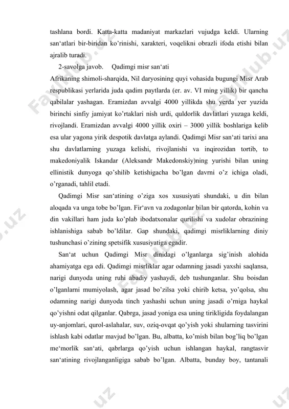 avjud bo’lgan. bu, albatta, ko’mish bilan bog’liq bo’lgan me‘morlik san‘​ati, qabrlarga qo’yish uchun ishlangan haykal, rangtasvir san‘atining rivojlanganligiga sabab bo’lgan. albatta, bunday boy, tantanali ko’mish marosimi, monumental maqbaraning ichini san‘atning hamma turlari bilan bezatishni faqat fir‘avn va misr boylari amalga oshirishi mumkin edi. sharq despotizmi ta‘sirida qadimgi misr jamiyati sekinlik bilan rivojlandi va ayniqsa, kohinlar tomonidan qattiq muhofaza qilingan diniy kanonlar misr san‘atiga, uning sekin rivojiga sabab bo’ldi. shuning uchun ham juda qadim paytlarda misr san‘atida paydo bo’lgan badiiy uslublar (ayrim davrlarda bu kanonlardan chiqishga intilish bo’lgan, masalan, exnaton asri realistik san‘ati) uzoq vaqt misr san‘atida yetakchi o’rinni egallab, uning xarakterli tomonini belgilab kelgan. me‘morlik. ibtidoiy jamoa tuzumining yemirilishi va ilk podsholiklarning shakllanish davrida san‘atning hamma turlari va janrlari yuzaga keldi, insoniyat yozuvning dastlabki formalaridan hisoblangan rasmli yozuv-piktografik yozuvlar paydo bo’ldi. qadimgi misr san‘ati o’zining butun taraqqiyoti mobaynida din va uning turli marosimlari bilan o’zviy bog’liq holda rivoj topdi. me‘morlik …