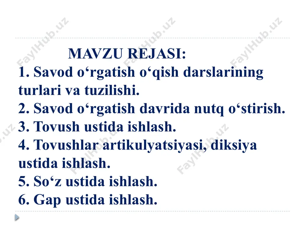 uni kesma harfdan tuzish; shu so`z yoki bo`g`inni o`qish; 2. o`rganilgan undosh yoki unli bilan bo`g`in jadvalini tuzish: na, ni, no; la, lo, li; ay, uy, oy... 3. bir undosh yoki bir unli bilan farqlanadigan so`zlarni o`qish: bola-xola-nola-tola; boy-soy-loy-toy; baxt-taxt; ona-ana; aka-uka; ikki-ukki; osh-ish; 4. so`zning boshiga yoki oxiriga bir harf qo`shib, yangi so`z hosil qilish va o`qish: o`roq-so`roq; ol-xol; sava-savat; son-oson; ayiq-qayiq; olti-oltin; oy-moy. 5. so`z o`rtasiga harf qo`shib yangi so`z hosil qilish va o`qish: zirak-ziyrak; tana-tashna; sila-siyla. 6. bo`g`inlarni almashtirib yangi so`z hosil qilish va o`qish: norgul – gulnor. 7. tovushlarning o`rnini almshtirib so`z hosil qilish va o`qish: osmon-somon; tilak-kalit; qo`y-yo`q. 8. tovush yoki bo`g`inni tushirib qoldirib yangi so`z hosil qilish va o`qish: anor-nor; yelkan-yelka; bog`la - bola, dona – don; dona – ona. 9. bo`g`in qo`shib yangi so`z tuzish va o`qish: gul-gulchi; paxta-paxtakor; ov-ovla; bog`-bogbon. tovushlar artikulyatsiyasi va diksiya ustida ishlash. analiz-sintez ishlari tizimida tovushni talaffuz vaqtidagi …