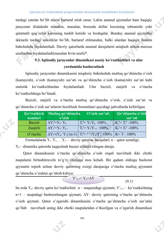 rinchi turdagi xatolar bo’lib ularni bartaraf etish zarur. lekin anamal qiymatlar ham haqiqiy jarayonni ifodalashi mumkin, masalan, bozorda dollar kursining tebranishi yoki qimmatli qog’ozlar kursining tushib ketishi va boshqalar. bunday anamal qiymatlar ikkinchi turdagi xatoliklar bo’lib, bartaraf etilmasdan, balki ulardan haqiqiy holatni baholashda faydalaniladi. davriy qatorlarda anamal darajalarni aniqlash uchun maxsus usullardan foydalaniladi(masalan irvin usuli)*. 9.3. iqtisodiy jarayonlar dinamikasi asosiy ko’rsatkichlari va ular yordamida bashoratlash iqtisodiy jarayonlar dinamikasini miqdoriy baholashda mutloq qo’shimcha o’sish (kamayish), o’sish (kamayish) sur’ati va qo’shimcha o’sish (kamayish) sur’ati kabi statistik ko’rsatkichlardan foydalaniladi. ular bazisli, zanjirli va o’rtacha ko’rsatkichlarga bo’linadi. bazisli, zanjirli va o’rtacha mutloq qo’shimcha o’sish, o’sish sur’ati va qo’shimcha o’sish sur’atlarini hisoblash formulalari quyidagi jadvallarda keltirilgan. ko’rsatkich nomlari mutloq qo’shimcha o’sish o’sish sur’ati qo’shimcha o’sish sur’ati bazisli δytb=yt- yb ttb= yt/yb ·100% ktb= ttb -100% zanjirli δyt3=yt- yt-1 tt3= yt/y t-1 ·100% kt3= tt3 -100% o’rtacha δyt=(yn- y1) (n-1) ttb= n-1√yn/y1 ·100% k= t - …