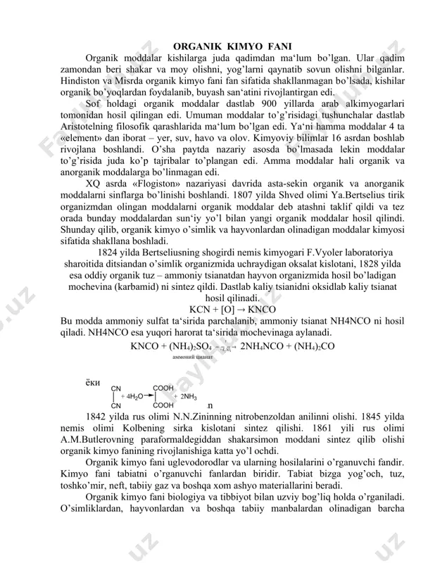 ng xossalarini oldindan aytish mumkin. modda molekulasidagi atom va atomlar guruhi o’zaro bir-biriga ta‘sir etadi. kimyoviy reaktsiyada modda molekulasini tashkil etgan barcha atomlar emas balki, ayrim atomlar yoki atomlar guruhi ishtirok etadi. organik birikmalarda uglerod doimo to’rt valentli bo’lib, o’zaro birikib to’g’ri, tarmoqlangan, xalqasimon zanjirlarni hosil qila oladi. d.i.mendeleevning elementlar davriy sistemasi yangi elementlar borligini oldindan aytishga imkon bergan bo’lsa, butlerovning kimyoviy tuzilish nazariyasi orqali hali topilmagan moddalar mavjudligi, ularning tuzilishini oldin aytib, sintez usulda olishga imkoniyat yaratildi. organik kimyoni mukammal egallash uchun birinchi navbatda uning nazariy asoslari organik birikmalarning elektron tabiati, kimyoviy reaktsiyalarni boshqaruvchi qonunlarini o’rganish lozim. lekin, moddalarning xossalarini o’rganishdan oldin uning tozaligi, sifat va miqdor tarkibi so’ngra tuzilishi aniqlanadi. organik moddalarning toza holda ajratish va tozalashning usullari: haydash, ekstraktsiya, qayta kristallash, sublimatsiya va zamonaviy xromatografiya usullarini bilish lozim. toza organik moddalarni tuzilishini aniqlash uchun, dastlab ularning fizik konstantalari suyuq.t, qayn. t, sindirish ko’rsatgichi, optik solishtirma buruvchanligi, eruvchanligi …