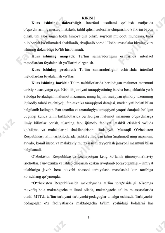 asavvurlarini kengaytirish; bolalarning yoshi, individual, psixologik va jismoniy xususiyatlari hamda qobiliyatini inobatga olgan holda ta’lim-tarbiya jarayonini tashkil qilish. ta’lim tashkilotlarining bir turi sifatida maktabgacha ta’lim tashkilotishubhasiz, ularning har qaysisiga xos, bolalarning tarbiyasi, ta’limi, rivojlanishi va salomatligiga yaxshi yo‘nalganligi bilan bog‘liq umumiy xususiyatlarga ega. shu asnoda tarbiyalanayotgan bolalarning yosh xususiyatlariga ko‘ra faoliyati boshqa ta’lim tahkilotlarida kechadigan pedagogik jarayonlardan jiddiy farq qiladi. shundan kelib chiqib, aytish mumkinki, ta’lim sifatini boshqarishning umumiy nazariy yo‘llarini maktabgacha ta’lim amaliyotiga mexanik ravishda ko‘chirish mumkin emas. ular maktabgacha ta’lim tashkilotlari faoliyatining o‘ziga xosliklariga mos yangi mazmun bilan to‘ldirilishi kerak. e’tirof etish joizki, ta’lim tizimining hozirgi kundagi rivojlanish bosqichida uning birinchi bo‘g‘ini hisoblangan maktabgacha ta’limda jadal o‘zgarishlar yuz bermoqda. shu sababli, maktabgacha ta’lim tashkilotlari faoliyatida bolalarni estetik tarbiyasi o‘ziga xos yo‘nalish sifatida qabul qilingan. darhaqiqat, kelajak poydevori bo‘lgan, har jihatdan mas’uliyatli, ma’naviy yetuk, axloqan pok, bir so‘z bilan aytganda jamiyat taraqqiyoti uchun munosib xissa qo‘sha oladigan yoshlarni tarbiyalash …