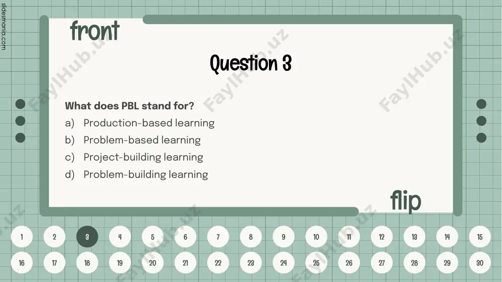 call some language that may be useful for the task. this stage can also often include playing a recording of people doing the task. this gives the students a clear model of what will be expected of them. the students can take notes and spend time preparing for the task. a)task b)planning c)report d)pre-task 15 front flip 1 2 3 4 5 6 7 8 9 10 11 12 13 14 15 16 17 18 19 20 21 22 23 24 25 26 27 28 29 30 question 16 which stage of a task-based learning lesson is the statement about? “students prepare a short oral or written report to tell the class what happened during their task. they then practise what they are going to say in their groups. meanwhile, the teacher is available for the students to ask for advice to clear up any language questions they may have.” …