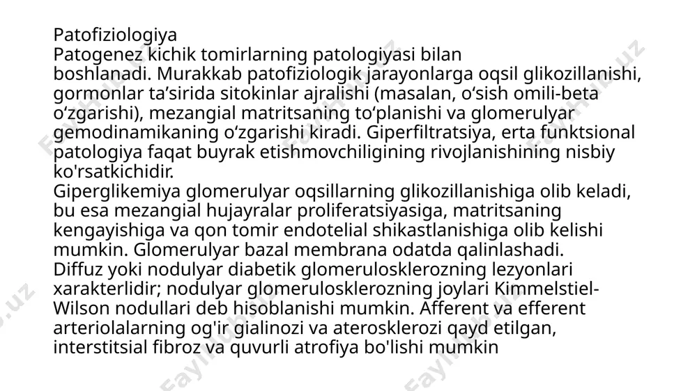 retinopatiya yo'q og'ir proteinuriyaning tez boshlanishi gematuriyaning makroskopik tabiati siydik cho'kindidagi qizil qon hujayralari soni glomerulyar filtratsiya tezligining (gfr) tez pasayishi kichik buyrak hajmi siydikdagi protein bemorlarda proteinuriya uchun siydikni tekshirish muntazam ravishda amalga oshiriladi; proteinuriya mavjud bo'lganda, mikroalbuminuriya uchun test befoyda, chunki bemorda allaqachon makroalbuminuriya mavjud bo'lib, bu diabetik nefropatiya mavjudligini ko'rsatadi. siydik tahlilida proteinuriya aniqlanmagan bemorlarda albumin/kreatinin nisbati ertalab soat 9 dan keyin olingan siydik namunasidan hisoblanishi kerak. ≥ 30 mg/g (≥ 3,4 mg/mmol) nisbat mikroalbuminuriyani ko'rsatadi, agar u 3-6 oy davomida 3 ta o'lchovning kamida 2 tasida mavjud bo'lsa va uni infektsiya yoki jismoniy mashqlar bilan izohlab bo'lmaydi. ba'zi ekspertlar 24 soatlik siydik namunasida mikroalbuminuriyani o'lchashni tavsiya qiladilar, ammo bu yondashuv unchalik ishonarli emas va ko'plab bemorlar 24 soatlik siydikni aniq yig'ishda qiyinchiliklarga duch kelishadi. albomin/kreatinin nisbatini o'lchash 65 yoshdan oshgan bemorlarning 30% dan ortig'ida mikroalbuminuriya uchun 24soatlik siydik sinovini ortiqcha baholaydi, chunki mushaklar ishlab chiqarishning pasayishi …