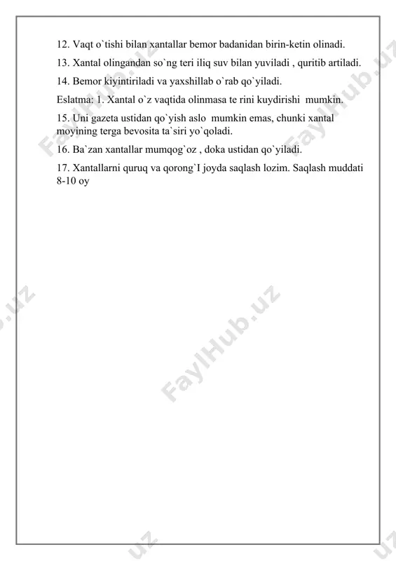 muolaja uchun og`zaki roziligini oling. 4.jarayon payitida bemorning his-tuyg`ularini tushuntiring. 5.bemorga muolaja uchun eng qulay holatni bering. 6.terining butunligini va yaxlitligini tekshiring, agar kerak bo`lsa terini spirt bilan artish yoki sovun bilan yuvish kerak. 7. ta`sir qilinadigan joyning o`lchamiga va shakliga mos keladigan gidrofil qistirmalarni tayyorlang, ularni namlang va iliq suvda siqib oling. 8. bemorning tanasiga ta`sirlangan a`zoning uchliklariga iliq chontakchalarni qo`llang. 9. qurilmadagi mos keladigan sigma oqim o`tkazadigan sim bilan ulangan gidrofil qistrmaning ustiga qo`rg`oshin plastinkasini joylashtiring. 10. qum sumkasi yoki kauchuk bandaj bilan mahkamlang. 11. ushbu texnikaning joriy kuchini hiusoblang. 12. qurilmani tarmoqqa ulang ( signal chiroqchasi yonishi kerak ) 13. shift tugmachasini 5 yoki 50 ga o`zgartiring( 5- “ bosh va bolalarda , 50 – kattalarda “ boyin va pastki “ ). 14. hozirgi regulyatorni sekin va silliq aylantiring , oqim kuchini kerakli qiymatga oshoring , bu formulada hisoblab chiqiladi: oqim zichligini gidrofil qistirmasi maydoniga ko`paytiring . …