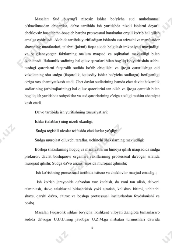 umumiy mulkni natura shaklida bo'lish va uy-joyga kiritish haqidagi da'vo arizasi yuzasidan fuqarolik ishi ko'rib chiqilgan. buyruq tartibida ish yuritishning xususiyatlari: qonunda belgilangan ishlar doirasida sud buyrug'i chiqariladi; nizosiz ishlar toifasi bo'yicha chiqariladi; sud muhokamasi o'tkazmasdan chiqariladi; taqdim etilgan dalillar doirasida sud buyrug'i chiqariladi. sud buyrug'ini qabul qilish va bekor qilishning o'ziga xos tartibi mavjud; yakka sudya tomonidan chiqariladi va boshq. masalan fuqarolik ishlari bo'ʻyicha toshkent shahar mirobod tumanlararo sudida undiruvchi toshkent shahar, yashnobod tumani, m.ashrafiy 2-tor ko'cha, 22-uyda yashovchi, 17.08.1994-yilda tug'ilgan m.m. ning qarzdor- toshkent shahar, yashnobod tumani, m.ashrafiy 2-tor ko'cha, 22-uyda yashovchi, 05.07.1988-yilda tug'ilgan n.n.ga nisbatan voyaga yetmagan farzandi ta'minoti uchun aliment undirish haqidagi arizasini koʻrib chiqib, oʻzbekiston respublikasi fuqarolik protsessual kodeksining 177-178-moddalari hamda oila kodeksining 96, 99-moddalarini qoʻllab, qarzdor n.n.dan undiruvchi m.m.ning foydasiga 22.12.2015-yilda tugʻilgan n.n. ismli farzandi ta'minoti uchun u voyaga yetguniga qadar qarzdorning har oylik ish haqi va boshqa turdagi daromadlarining 1/4 qismi miqdorida 2020-yil …