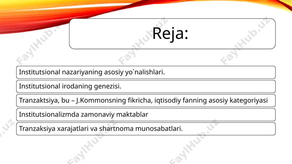 ozor va huquq‖ (1993) asarlari, o.i. uilyamson "kapitalizmning iqtisodiy institutlari" (1996), k. menard "tashkilotlar iqtisodiyoti" (1996), r. nelson va s. vinter "iqtisodiy o`zgarishlarning evolyutsion nazariyasi" (2000), "firmaning tabiati" tahrirlangan. oi tomonidan uilyamson va s. vinter (2001), e. de sotoning ―kapital siri‖ (2001), t. eggertssonning ―iqtisodiy xatti-harakatlar va institutlar‖ (2001) va shu 4 va boshqa institutsionalistlarning ko`plab maqolalari shular jumlasidandir. mahalliy mualliflarning o`zbekiston islohotlari va o`zbekiston iqtisodiyotining hozirgi holatini tahlil qilishga bag`ishlangan original asarlari mavjud. ular orasida: v.l.tambovtsevaning ―davlat va o`tish davridagi iqtisodiyot: nazorat qilish chegaralari‖ (1997), v.a.volkonskiyning ―rossiya islohotlarining institutsional muammolari‖ (1998), v.a.kryukovaning ―neft` va gaz sektorining institutsional tuzilishi: muammolar va transformatsiya yo`nalishlari‖ (1998), s.b.avdashevaning ―rossiya sanoatining iqtisodiy aloqalar‖ (2000), r.m.nureev tomonidan tahrirlangan ―postsovet rossiyaning iqtisodiy sub`ektlari‖ (2001), a.e.shastitkoning ―raqobat siyosati bo`yicha uchta tadqiqot‖ (2002), d.s.l`vovning ―rivojlanish iqtisodiyoti‖ (2002) va boshqalarni tilga olish mumkin. torshteyn veblen (1857-1929) – institutsionalizmning ijtimoiypsixologik (texnokratik) versiyasining etakchisi iqtisod va sotsiologiya sohasidagi yirik asarlar muallifi, …