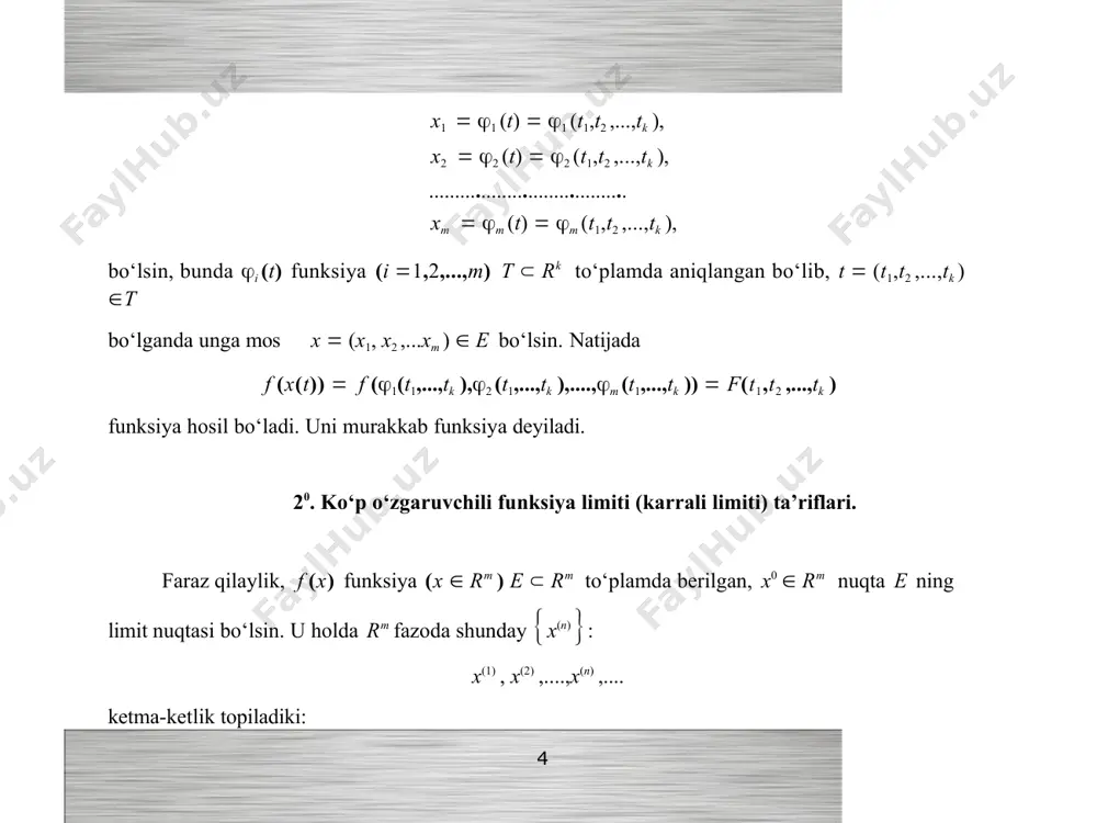 u 11 matematik analiz kafedrasi 40. takroriy limitlar. faraz qilaylik, f (x)  f (x1, x2 ,...xm ) funksiya e  rm to‘plamda berilgan bo‘lib, x0  (x0 , x0 ,...,x0 ) rm shu e to‘plamning limit nuqtasi bo‘lsin. 1 2 m m ta x1 , x2 ,...xm o‘zgaruvchilarga bog‘liq bo‘lgan f (x1 ,...xm ) funksiyada x2 , x3 ,...xm o‘zgaruvchilar tayinlansa, ravshanki, u bitta x1 o‘zgaruvchining funksiyasiga aylanadi. aytaylik, bu 1 funksiya x1  x0 da limiga ega bo‘lsin : 1 x1x0 lim f (x1, x2 ,...,xm )  1 (x2 , x3 ,...,xm ) . 2 endi 1 (x2 , x3 ,...,xm ) funksiyada x , x ,...,x o‘zgaruvchilari tayinlanib, so‘ng x2  x0 limitga 3 4 m 2 o‘tilsa lim 1 (x2 , x3 ,...,xm )  2 (x3 , x4 ,...,xm ) x2 x0 bo‘lib, berilgan funksiyaning o‘zmu 12 matematik analiz kafedrasi 2 1 1 lim …
