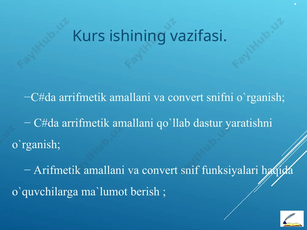 e.writeline(c); console.readkey(true); } . natija: 3.5 asosiy dastur. public partial class mainform : form { double a,b,c; public mainform() { initializecomponent(); void button1click(object sender, eventargs e) { a=int.parse(textbox1.text); b=int.parse(textbox2.text); if(radiobutton1.checked){c=a+b;label3.text=convert.tostring(c);} if(radiobutton2.checked){c=a-b;label3.text=convert.tostring(c);} } if(radiobutton3.checked){c=a*b;label3.text=convert.tostring(c);} if(radiobutton4.checked){c=a/b;label3.text=convert.tostring(c);} } void button2click(object sender, eventargs e) { label3.text=""; textbox1.text=""; textbox2.text=""; } void button3click(object sender, eventargs e) { close(); } . etiboringiz uchun rahmat !!!