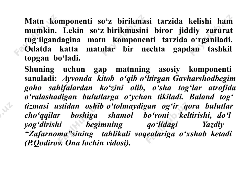 maktabimiz bog‘i, bog‘chiroyli). biroq bunday vaziyatda so‘z birikmasi matn maqomida bo‘lmaydi. matn gap bilan ifodalangan bo‘lsa, pog‘onali munosabat so‘z va gap doirasida vujudga keladi: o‘zbekiston – kelajagi buyuk davlat. ayni paytda qo‘llanilayotgan har bir so‘z gap tarkibida sintaktik va semantik faollik olmoqda. matn kamida ikkita gapdan tuzilgan murakkab sintaktik butunlik. gaplar o‘zaro turli sintaktik aloqa vositalari yordamida birikadi. ularga takroriy bo‘laklar, olmoshlar, xiazmatik konstruksiyalar, zamon va makon ifodalovchi birliklar, kesimlarning zamon shakllari, modal so‘zlar kabi turli leksik-grammatik birliklar kiradi. matn o‘z tuzilishiga ko‘ra, murakkab sintaktik butunlik, xat boshi (abzas), bo‘lim ,qism, bob va paragraflardan tashkil topishi mumkin. o‘quvchilar tomonidan yaratiladigan matnlar esa asosan gap, abzats va qismdan iborat bo‘ladi . abzats (nemischa : ich tomon , orqa tomon surmoq ) yozma nutq matndagi yangi yo‘l ( qator)dan bir oz joy qoldirib boshlash. abzats kompazitsion uslubiy ajratish xarakteridagi nutq birligi bo‘lib, kitobxonning diqqatini yangi fikrga, yangi tasvirga jalb qilish vazifasini bajaradi …
