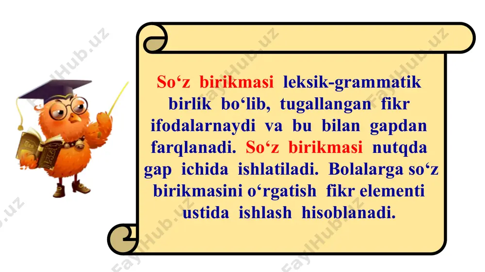 una asosidagi mashq aniq, to‘g‘ri tuzilgan sintaktik qurilmalarni amaliy o‘zlashtirishni, ularning ichki bog‘lanishini, mazmunini tushunishni ko‘zda tutadi. bunday mashqlar ichida analitik mashqlar­ga, shuningdek, gapni kuzatish va eshitish, uni o‘qishga muhim o‘rin beriladi. nam una asosidagi mashqlarga quyidagilar kiradi: 1. gap ustida ishlashning eng oddiy, boshlang‘ich, shu bilan birga, eng zaruriy shakli — namunani o‘qish (yozish), intonatsiyasi, ifodaliligi ustida ishlash, gapning asosini va mazmunini tushuntirish, ba’zan esa gapni yodda saqlash, yodlash hisoblanadi. gapni o‘qish va kuzatish nutq o‘stirishga katta yordam beradi. gap intonatsiyasi ustida ishlash gap mazmunini va bog‘lanishini tushunishga, namunaga qarab, uni o‘zlashtirish va yodda saqlashga, gap qurilishini yaxshi tushunishga yordam beradi. bu jarayonda nutqdan gapni intonatsiyaga qarab ajratishga, intonatsion tugallanganlikni ifodalashga, darak, so‘roq va his-hayajon gaplarning intonatsiyasiga, uyushiq bo‘lakli gaplar va bog‘lovchisiz qo‘shma gaplardagi sanash ohanggiga, bog‘langan qo‘shma gap intonatsiyasiga e ’tibor berish kerak. savol asosida gap tuzish. bunda berilgan savol-javob (gap tu­zish) uchun asos bo‘ladi va „namuna" vazifasini …