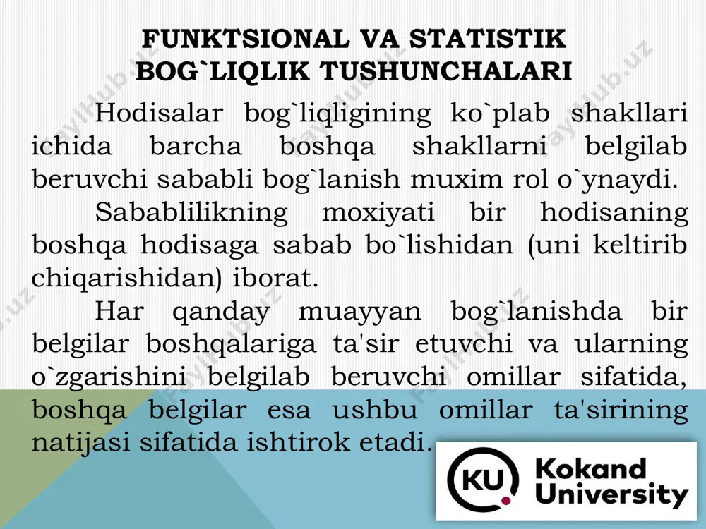 i, ularning o`zaro bog`liqligi va qarama-qarshi harakatlar y o`zgaruvchining keng variantlarda o`zgarishini keltirib chiqaradi. *** korrelyatsion bog`liqlik korrelyatsion va regression tahlil usullari yordamida tadqiq etiladi korrelyatsion tahlil tushunchasi - bu matematik statistikaning tasodifiy kattaliklar o`rtasidagi o`zaro bog`liqliklarni o`rganishga bag`ishlangan bo`limi korrelyatsion tahlil korrelyatsion tahlil ikkita omil o`rtasidagi (juft bog`liqlikda) hamda natijaviy omillar bilan boshqa ko`p omillar o`rtasidagi (ko`p omilli bog`liqlikda) bog`liqlikning zichligini miqdoriy jihatdan aniqlashdan iborat. bu tasodifiy kattaliklar o`rtasidagi unda tasodifiy kattaliklardan birining o`zgarishi boshqasining matematik kutishi o`zgarishiga olib keluvchi statistik bog`liqlik. korrelyatsiya korrelyatsiya variantlari juft korrelyatsiya ko`plik korrelyatsiya xususiy korrelyatsiya juft korrelyatsiya • ikkita omil (natijaviy va omillar yoki ikkita omil) o`rtasidagi bog`liqlik xususiy korrelyatsiya • boshqa omillarning qat'iy belgilangan qiymatida natijali omil bilan bitta omil yoki ikkita omil o`rtasidagi bog`liqlikdir ko`plik korrelyatsiyasi • natijaviy omil va tadqiqotga kiritilgan ikkita yoki undan ko`p omillar o`rtasidagi bog`liqlik hisoblanadi bog`lanish turlari va korrelyatsiya koeffisientini hisoblash usullari harakat yo`nalishiga qarab funktsional …