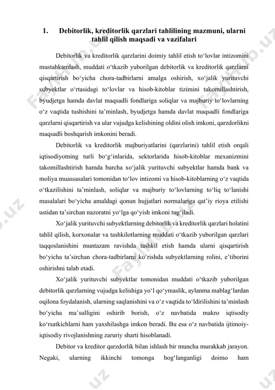 rilgan debitorlik qarzlarning vujudga kelishiga yо‘l qо‘ymaslik, aylanma mablag‘lardan oqilona foydalanish, ularning saqlanishini va о‘z vaqtida tо‘ldirilishini ta’minlash bо‘yicha ma’sulligini oshirib borish, о‘z navbatida makro iqtisodiy kо‘rsatkichlarni ham yaxshilashga imkon beradi. bu esa о‘z navbatida ijtimoiy-iqtisodiy rivojlanishning zaruriy sharti hisoblanadi. debitor va kreditor qarzdorlik bilan ishlash bir muncha murakkab jarayon. negaki, ularning ikkinchi tomonga bog‘langanligi doimo ham manfaatliyechimlar chiqarishga imkon bermaydi. bu borada analitiklar nimalarga ahamiyat qaratishi lozim: birinchi navbatda analitiklar korxonaning moliyaviy-iqtisodiy holatini monitoring qilishi, moliyaviy aktivlar va passivlarni inventarizatsiyalashni amalga oshirishi lozim. avvalo, navbatda qarz mavjudligi, uning miqdori, asosi va uni yuzaga kelish muddatlari dalilini aniqlashi lozim. ikkinchidan vujudga kelgan qarzlarni sо‘ndirish bо‘yicha yondashuvni tanlab olish lozim. qonunchilik meyorlari kreditorga о‘z ixtiyoriga kо‘ra sudgacha hal qilish tusidagi choralarni kо‘rishga, sud instansiyalariga sud buyrug‘ini berish tо‘g‘risidagi ariza bilan yoki qarzni undirish tо‘g‘risida da’vo arizasi bilan bevosita murojaat qilishni tanlash imkoniyatini ham kо‘zda tutadi. uchinchidan qarzni undirishning tanlangan strategiyasiga (talabnomani …
