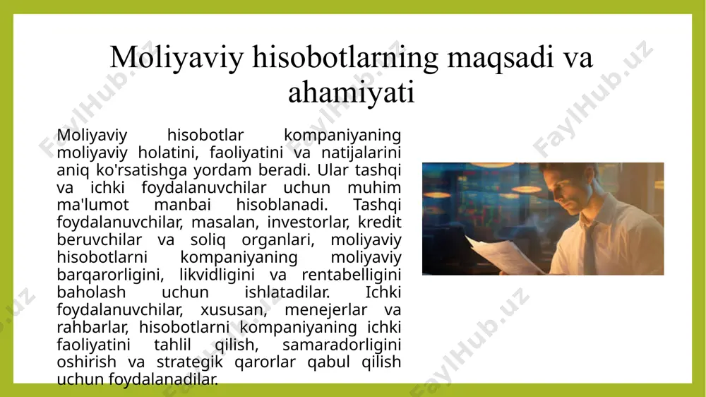 ta'minlaydi va natijada barcha foydalanuvchilar uchun ishonchli ma'lumotlar taqdim etadi. moliyaviy hisobotlarni tayyorlashda qo'llaniladigan asosiy prinsiplarga quyidagilar kiradi: bu prinsip moliyaviy hisobotlarning barcha muhim ma'lumotlarni o'z ichiga olishi va ularni haqiqatga to'liq mos bo'lishini ta'minlashni ko'zda tutadi. hisobotlar foydalanuvchilarni xatolarga yo'l qo'ymasdan, kompaniyaning haqiqiy moliyaviy holati haqida xabardor qiladi. bu prinsip kompaniyaning faoliyatining kelajakda davom etishi kutilmoqda degan taxminni anglatadi. hisobotlar kompaniya o'z faoliyatini to'xtatmasdan davom ettiradi deb hisoblanadi va bu asosda tayyorlanadi. moliyaviy hisobotlar muayyan davrda kompaniyaning faoliyatini aks ettiradi, shuning uchun hisobotda ko'rsatilgan ma'lumotlar, faqatgina aniq va belgilangan davrga asoslanadi. etiboringiz uchun rahmat! image1.jpeg image2.jpeg image3.jpeg /docprops/thumbnail.jpeg