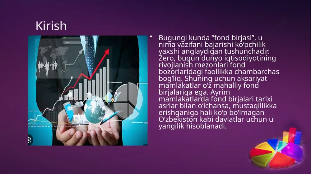 alarga yo‘naltiradi va iqtisodiyotning barcha tarmoqlariga transfarmatsiyalanishiga imkoniyat yaratadi. o‘zbekistonda qimmatli qog‘ozlarning birlamchi va ikkilamchi bozorlari bo‘yicha barcha operatsiyalar fond birjasi elektron savdo tizimi hamda uyushgan va uyushmagan savdo tizimi orqali amalga oshiriluvchi infratuzilma shakllantirildi. biroq, qimmatli qog‘ozlarning ikkilamchi bozorini to‘la ishga tushirish, fond birjasida aksiyalar qiymatini muntazam e’lon qilib borish, aholida aksiyalar sotib olishga ishtiyoqi va intilishini oshirish, aksiyalarning haqiqiy qimmatli qog‘ozga aylantirish hamda aksiyadorlar uchun muhim daromad manbai bo‘lishi ta’minlanmaganligi, fond bozori infratuzilmasi faoliyati samarali yo‘lga qo‘yilmaganligi fond bozorini rivojlanish imkonini bermayapti. jahon mamlakatlarida qimmatli qog‘ozlar bozori iqtisodiyotining muhim tarkibiy qismlaridan biri hisoblansa, fond bozori esa uning zaruriy bo‘g‘inidir. jahon fond bozori savdo hajmi 2017 yilda jami 65,6 trln. aqsh dollarini tashkil etib, unda asosiy ulushni aqsh 36,3 % (23,8), xitoy 10,1 % (6,6), yaponiya 7,9 % (5,2) gong kong 6,3 % (4,1) buyuk britaniya 4,6 % (3,0) kabi mamlakatlar egallab turibdi. jahonda ushbu bozor infratuzilmasini shakllantirish bo‘yicha …
