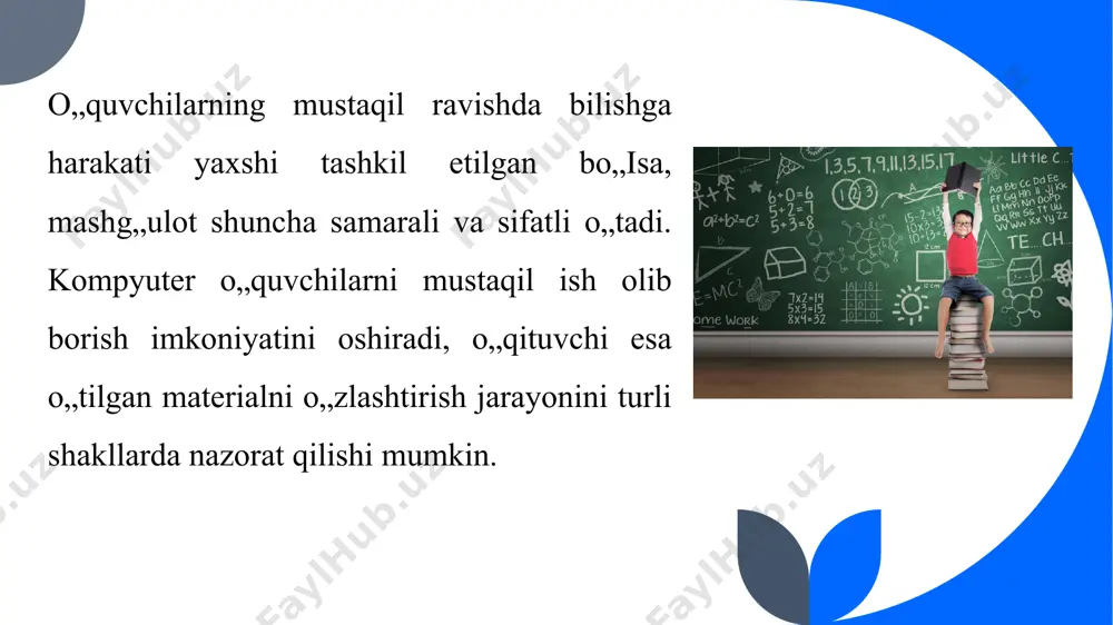lyatsiyalar va virtual manipulyatorlarni o'z ichiga oling. phet interactive simulations yoki national library of virtual manipulatives kabi veb-saytlar turli matematik mavzularni o'rganish uchun interfaol vositalarni taklif qiladi. onlayn matematik musobaqalar: talabalarni muammoni hal qilish va tanqidiy fikrlash qobiliyatlarini rag'batlantiradigan onlayn matematik muammolar va musobaqalarga jalb qiling. mathletics, sumdog yoki math kengaroo kabi veb-saytlar talabalar uchun individual yoki jamoa sifatida ishtirok etishlari uchun interaktiv matematik musobaqalar va tadbirlarni taklif qiladi. xulosa “boshlang‘ich ta’lim matematika darslarida innovatsion yondashuvlar” o‘quvchilarning matematika o‘rganish tajribasini oshirish uchun an’anaviy o‘qitish usullarini dinamik, qiziqarli va samarali strategiyalarga aylantirishga qaratilgan. ushbu yondashuvlar ko'pincha amaliy manipulyatsiyalar, interfaol texnologiyalar, real dunyo kontekstlari va hamkorlikdagi o'quv muhitlarini o'z ichiga oladi. https://cyberleninka.ru https://zenodo.org https://bestpublication.org https://www.researchgate.net https://www.conferences.uz foydalanilgan adabiyotlar e’tiboringiz uchun raxmat!!! image1.jpeg image2.jpeg image3.jpeg image4.jpeg image5.png image6.png /docprops/thumbnail.jpeg