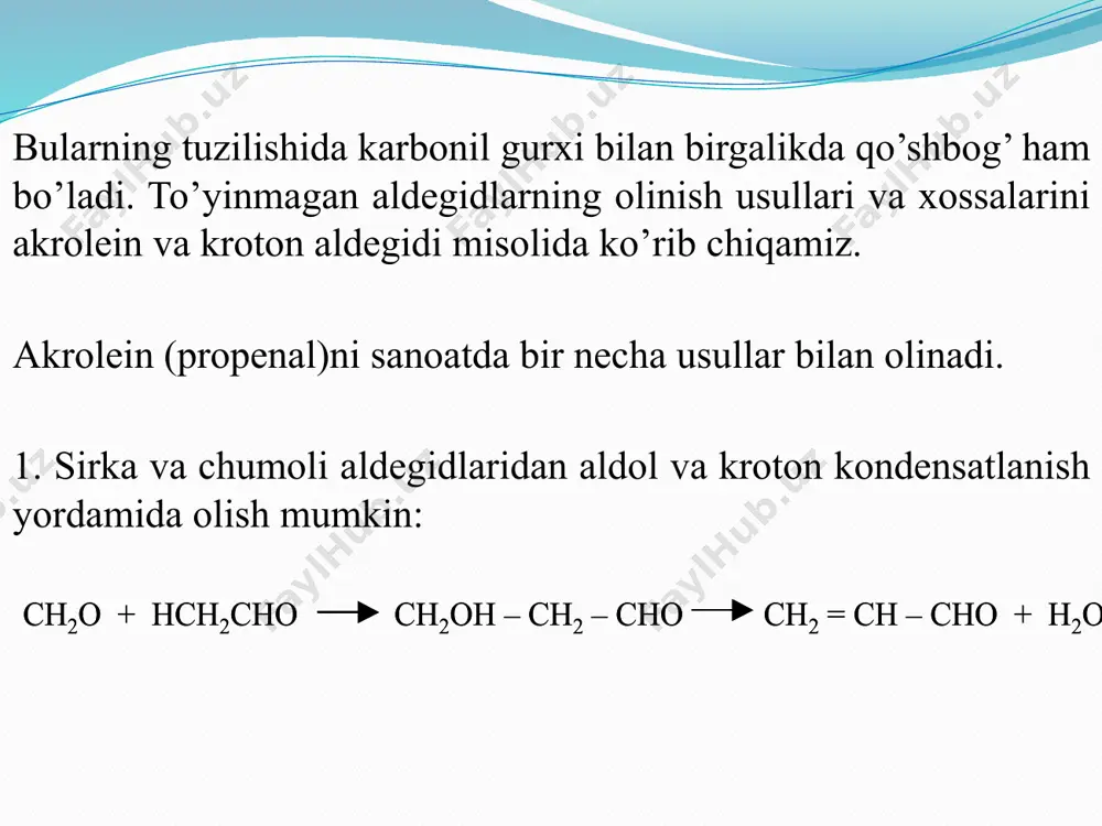 tirib oladi: metilvinilketon oson polimerlanadi. u plastmassalar ishlab chiqarishda ishlatiladi. 7 aromatik aldegid va ketonlar aromatik aldegid va ketonlarning tuzilishida aromatik halqada karbonil c=o guruhi mavjud bo’ladi. karbonil guruhi aromatik halqa bilan bevosita yoki yon zanjirda bo’lishi mumkin. agar, aromatik aldegidlarda karbonil guruhi aromatik halqa bilan bevosita bog’langan bo’lsa, bunday aldegidlarning nomi tegishli aromatik kislotalarning nomidan keltirib chiqariladi. 8 aromatik aldegidlar. aromatik aldegidlarni yog’ qator aldegidlarini olish usullaridan foydalanib hosil qilish mumkin. shuning bilan bir qatorda aromatik aldegidlar olishning ayrim yog’ qator aldegidlarini olishdan farq qiladigan usullari ham mavjud. shular bilan qisqacha tanishib chiqamiz. 1. uglevodorodlarning oksidlanishi. benzolning gomologlari, masalan, toluol havo kislorodi bilan katalizatorlar ishtirokida oksidlanganda benzaldegidni hosil qiladi: 2. aromatik halqaga aldegid guruhini kiritish. aromatik uglevodorodlarga uglerod-(ii)-oksid bilan vodorod xlorid aralashmasi katalizator ishtirokida ta’sir etilganda aromatik aldegidlar hosil bo’ladi: bu reaksiyada oraliq mahsulot sifatida formil xlorid hosil bo’ladi: benzol bu jarayonga qiyin kirishadi. uning gomologlari esa oson kirishadilar …