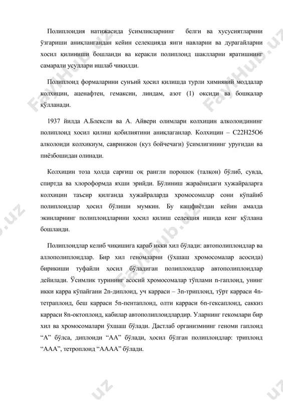 ромосомалар асосида) бирикиши туфайли ҳосил бўладиган полиплоидлар автополиплоидлар дейилади. ўсимлик турининг асосий хромосомалар тўплами n-гаплоид, унинг икки карра кўпайгани 2n-диплоид, уч карраси – 3n-триплоид, тўрт карраси 4n-тетраплоид, беш карраси 5n-пентаплоид, олти карраси 6n-гексаплоид, саккиз карраси 8n-октоплоид, кабилар автополиплоидлардир. уларнинг гекомлари бир хил ва хромосомалари ўхшаш бўлади. дастлаб организмнинг геноми гаплоид “а” бўлса, диплоиди “аа” бўлади, ҳосил бўлган полиплоидлар: триплоид “ааа”, тетроплоид “аааа” бўлади. автополиплоидия табиатда мутация сифатида вужудга келади ва ўзидан чангланадиган ҳамда вегетатив йўл билан кўпаядиган ўсимликларда яхши сақланади. автополиплоидлар диплоид (нормал) ўсимликларга нисбатан катта: бўйчан, барги ва меваси (уруғи ҳам) йирик бўлади. бу ўзгарувчанлик биринчи навбатда хужайралар ва тўқималарнинг катталашиши билан исботланади. демак, автополиплоидия натижасида ўсимликларнинг белги ва хусусиятлари ўзгаради, бу ходиса селекцияда янги навлар яратишда фойдаланилади. шу асосда триплоид қанд лавлаги яратилган. бунинг учун дастлаб диплоид қанд лавлагининг (2n=18) уруғи колхициннинг 0,2% сувдаги эритмасида ивитилиб экилади. колхицин таъсири остида хромосомалар сони икки баробар кўпаяди ва (4n=36) тетраплоид …