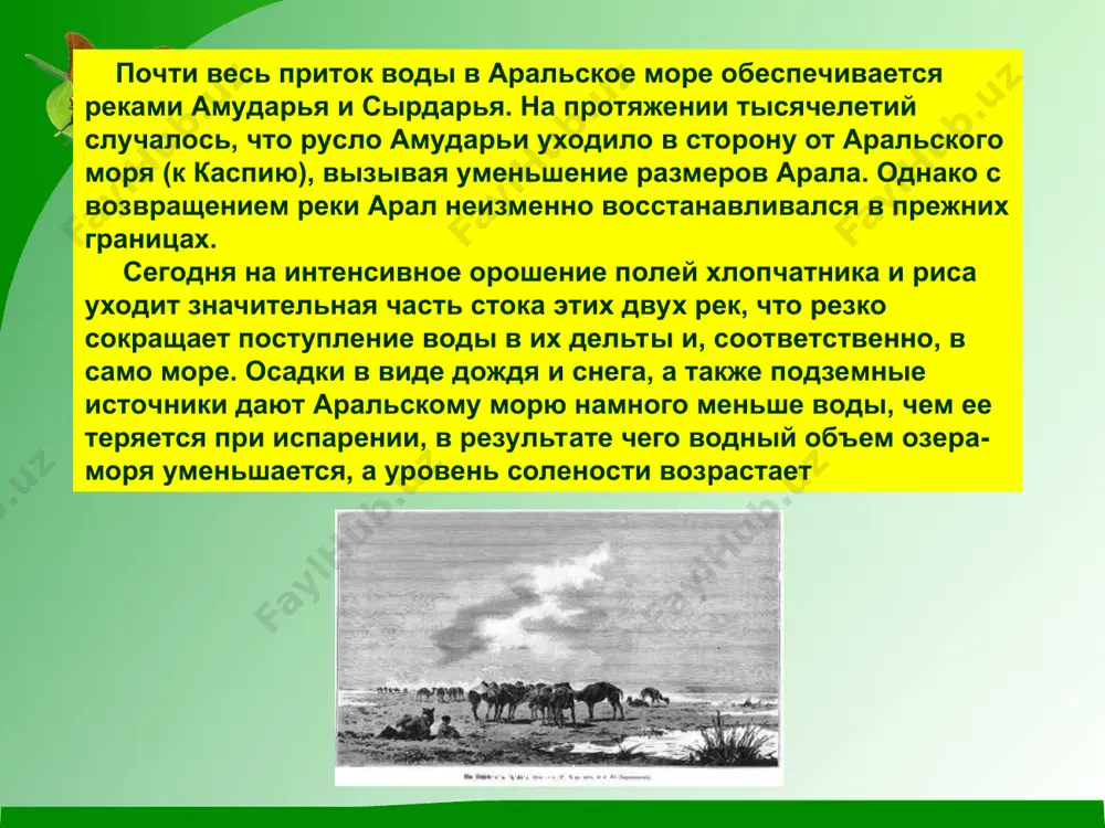 : стало жарче летом и холоднее зимой, снизился уровень влажности воздуха (соответственно сократилось количество атмосферных осадков), уменьшилась продолжительность вегетационного периода, чаще стали наблюдаться засухи. www.arxiv.uz www.arxiv.uz несмотря на обширный водосборный бассейн, аральское море почти не получает воды из-за оросительных каналов, которые, как показывает фото внизу, забирают воду из амударьи и сырдарьи на протяжении сотен километров их течения по территории нескольких государств. в числе прочих последствий — исчезновение многих видов животных и растений www.arxiv.uz www.arxiv.uz однако, если обратится к истории арала, то море уже высыхало, при этом снова возвращаясь в прежние берега. итак, каким же был арал несколько последних столетий и как менялись его размеры? в историческую эпоху происходили существенные колебания уровня аральского моря. так, на отступившем дне были обнаружены остатки деревьев, росших на этом месте. в середине кайнозойской эры (21 млн лет назад) арал был соединен с каспием. до 1573 года амударья по рукаву узбой впадала в каспийское море, а …