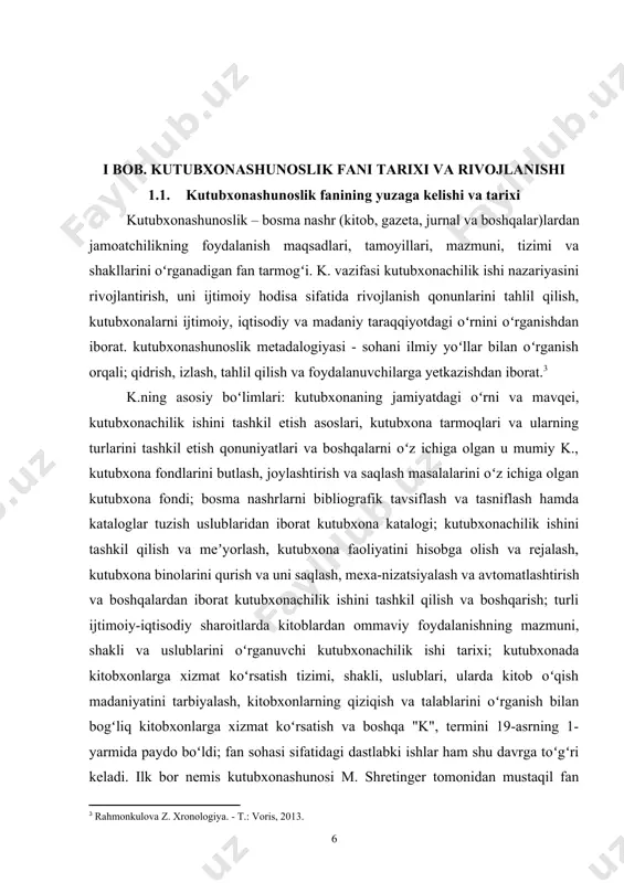 sh, rossiya va boshqa mamlakatlarda tarqala boshlagan. k. uzoq vaqt amaliy xususiyatga ega boʻlgan soha sifatida rivojlandi. uning faoliyat doirasiga kutubxonalarning ichki tuzilishlari, kitob fondini tanlash va tashkil qilishning texnik tomonlari, kutubxona binolarini qurish va jihozlash kabi masalalar kiritildi. shu bilan kutubxonaning ijtimoiy oʻrni xaqidagi masalalarni oʻrganishga eʼtibor berila boshlandi. oʻzbekistonda k. 20-yillardan taraqqiy etdi. kutubxonachilik ishini toʻla yoʻlga qoʻyishda v.v.bartold, v. l. vyatkin, v. i. mejov, ye. k. betgerdarning hissasi katta. toshkent va samarqandda kutubxonachilik kurslari ochildi (1919), toshkent kutubxonachilik texnikumi (1937), toshkent pedagogika intida kutubxonachilik fakulteti (1960) tashkil etildi, 1974-yildan kutubxonachilik fakulteti boʻlgan toshkent madaniyat instituti ishga tushdi. oʻzbekistonda kutubxonashunoslar mintaqada oʻtkaziladigan fundamental ilmiy tadqiqot ishlarida faol ishtirok etadi. oʻzbekiston milliy kutubxonasi "oʻzbekistonda kutubxonachilik ishi tarixiga doir hujjatlar" toʻplamini tuzishni davom ettirmoqda. oʻzbekistonda k. fanini rivojlantirishga o.qosimova, e. yoʻldoshev, b. karimov, m. rahimova, m. rasulov, m. mahmudov va boshqa oʻz hissalarini qoʻshmoqda.[footnoteref:4] [4: исакова м.с. становление иразвитие архивного …