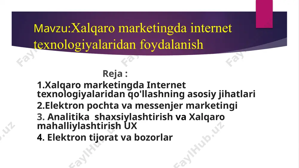 rketingni rivojlantirish(mijozlarni isitish) va foydalanuvchini ushlab turish uchun samarali. -chatbotlar va tezkor messenjerlar (whatsapp, telegram, facebook messenger, wechat) – mijozlar bilan muloqotni avtomatlashtirishda yordam beradi. muvaffaqiyatli elektron pochta marketingining kaliti bu elektron pochtani ma'lumotli saqlash va mijozga qiymat berishdir. bu shunchaki savdo xabarlariga e'tibor qaratish o'rniga, ular uchun ma'lumot beruvchi, ko'ngilochar yoki boshqa qimmatli kontentni yuborishni anglatadi. tomoshabinlar bilan ishonch va munosabatlarni mustahkamlash ular bilan uzoq muddatli munosabatlarga olib keladi va savdoni katta hajmga olib keladi. elektron pochta marketingining afzalliklari 1.an'anaviy marketing strategiyasi bilan taqqoslaganda, bu iqtisodiy jihatdan samarali. bosib chiqarish va pochta xarajatlari yo'q va u bir marta bosish bilan keng auditoriyaga yetib boradi. 3.bundan tashqari, bu brendning ko'rinishi va xabardorligini oshiradi va sotishni yaxshilashga yordam beradi, chunki elektron pochta xabarlari kerakli auditoriyaga erishish uchun katta imkoniyatlarga ega. 4.bu biznes veb-saytiga trafikni jalb qilish uchun juda samarali strategiya bo'ldi. e-pochtani o'qigan odamlar elektron pochtadagi havolalarni bosadilar va shuning uchun …