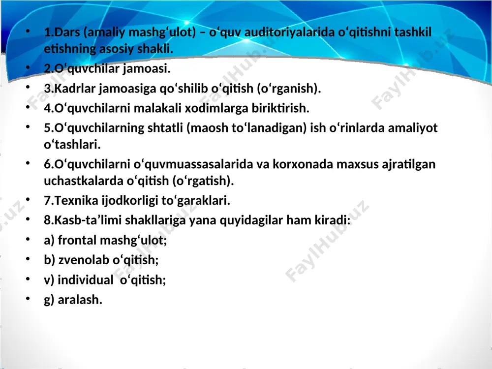 a darslik, qo‘llanmalarni mustaqil o‘qish. 2. uy topshiriqlarni bajarishda chizma eskizlarini va texnologik jaryonlarning jadvallarini mustaqil chizish. 3. o‘quv-ishlab chiqarish topshiriqlarini bajarishda chizma, yыriqnoma va texnologik kartalardan mohirlik bilan foydalanish (o‘quvchilarga yozma instruksiya beriladi). 4. kasb ta’limi darslarida jadval, diagramma, turli ma’lumotnomalardan foydalanish. 5. xavfsizlik texnikasiga doir, jihozlar qarovini o`tkazish va boshqa shu kabi yo`riqnomalarni urganish. g) ta’limning texnik vositalaridan foydalanish bu usul o‘quvchilarning bilimlarini, amaliy ko`nikma va malakalarni o‘zlashtirishda nazorat qilishga, o‘qitishni faollashtirishga imkon beradi. bu guruh texnika vositalariga quyidagilar kiradi: 1. darsdan tashqari vaqtlarda turli kompyuter va boshqa qurilmalardan foydalanish; bu vositalar harakatlarni qat’iy tartibda bajarishni o‘quvchilar bilish darajasini aniqlashga imkon beradi. 2. bevosita ish o‘rnida ayni texnologik jarayonni bajarish uchun ratsional rejim (tartib) tanlashga imkon beradigan turli dasturlashtirilgan qurilmalardan foydalanish. 3. bevosita ish o‘rnida o‘z-o‘zini nazorat qilish maqsadida xar xil trenajyorlardan foydalanish (slesarlik ishlarida sirtlarni egovlashda, tokarlik stanogida shakldor sirtlarni ishlashda, mashina, mexanizm, turli jihozlarni boshqarishda).