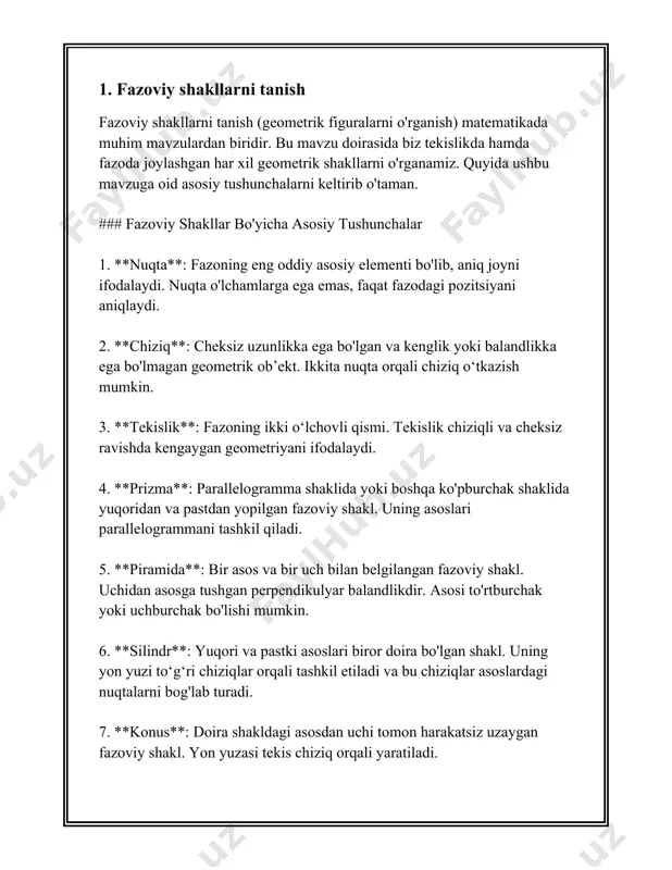 iy chegaralarning aniqligi va mustahkamligi davlatlar o'rtasidagi diplomatik munosabatlar bilan bog'liq. xulosa qilib aytganda, ming va yuzlar ilmiy va amaliy jihatdan ko'plab tahlil va tadqiqotlar uchun asosdir. geografiya, statistika, ekologiya va siyosatshunoslik bu sohalar orasida yagona tarmoq hosil qiladi va ular orasi bir-birini to'ldiradi. 3. uch o‘lchamli jismlarni solishtirish uch o‘lchamli jismlarni solishtirish matematik geometriya va hajmli modellashtirish sohalarida keng qo‘llaniladi. uch o‘lchamli jismlar hayotimizning turli jabhalarida uchraydi va ularning orasida keng tarqalganlari kub, silindr, piramida, konus va sfera kabilardir. ushbu jismlarning hajmi, yuza o‘lchamlari va shakli murakkab geometriya yordamida o‘rganiladi va solishtiriladi. 1. **kub**: kubning barcha tomonlari teng kvadratlardan tashkil topgan bo‘lib, ularning soni 6 ta. agar jonli chetini \(a\) deb belgilasak, uning hajmi \(v = a^3\) va yuza maydoni \(s = 6a^2\) bo‘ladi. kub o‘zining oddiy shakli va o‘lchamlari tufayli ko‘p matematik izlanishlar va amaliy hisoblashlarda qo‘llaniladi. 2. **silindr**: silindr ikki parallel doira va ularni bog‘lovchi to‘g‘ri yon …