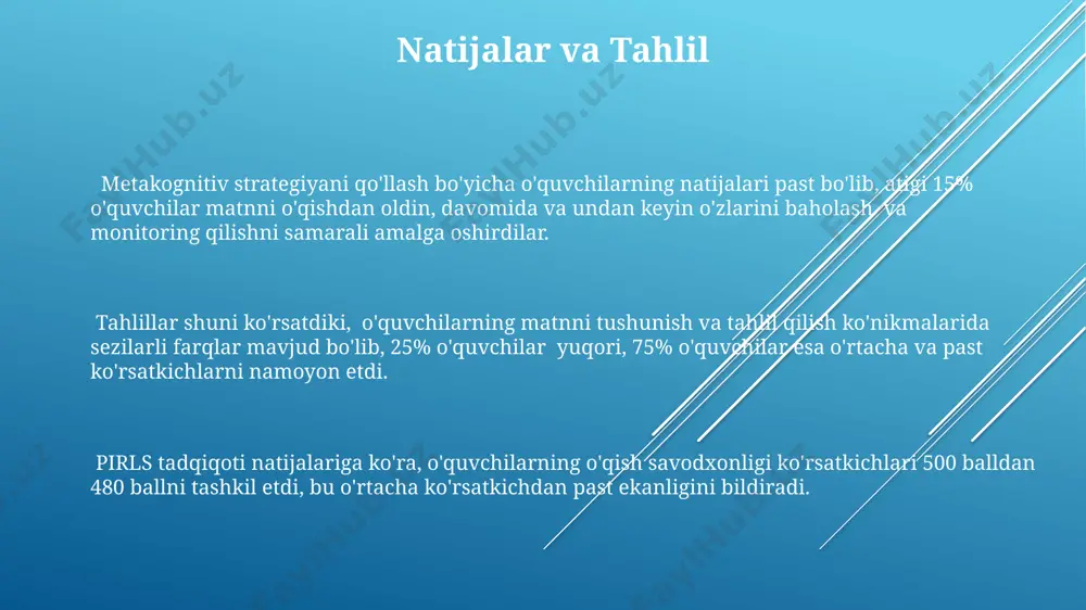 o'zgarishlarni amalga oshirish bo'yicha tadbirlar rejasini ishlab chiqdi. o'zbekistondagi pirls tadqiqotida 4-sinf o'quvchilari ishtirok etib, ularning o'qish tushunish ko'nikmalarini baholash uchun turli xil matn turlari va savollar qo'llanilgan. e'tiboringiz uchun rahmat @taqdimot_robot