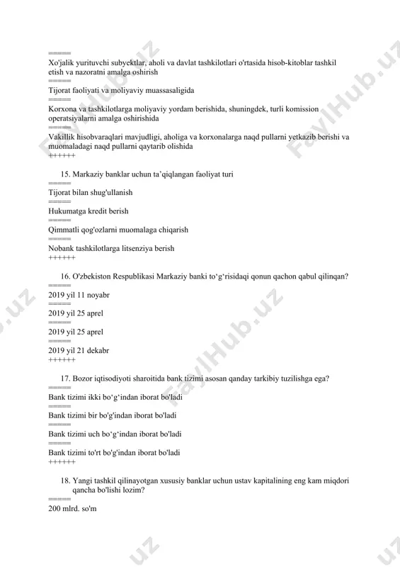 tmlarni maxsus ko’rinishlarda qo‘llashga asoslangan emission valyuta turi. ===== moddiy timsolda mujassam topmagan, ammo to‘laqonli pul belgisi sifatida foydalanish mumkin bo‘lmagan pul mablag‘laridir. ++++++ 24. tranzaksiyalar bloklari zanjiri bu-? ===== taqsimlangan ma’lumotlar to‘plamlarini tuzish metodologiyasi bo‘lib, bundahar bir ma’lumotni qayd qilish unga egalik qilish tarixi haqidagi axborotdan iborat bo‘ladi. ===== elektron tijorat va elektron biznesda keng miqyosda ishlatiladigan va hozirgi zamonda borgan sari ommabop bo’lib borayotgan virtual axborotlar tizimidir ===== texnologiyalarni qo‘llash asosida uzoq muddatli va asoslangan moliyaviy modellar yarata oladiganlar bugungi kunda katta ma’lumotlar sohasidagi ekspertlar hisoblanadi. ===== taqsimlanmagan ma’lumotlar to‘plamlarini tuzish metodologiyasi bo‘lib, bundahar bir ma’lumotni qayd qilish unga egalik qilish tarixi haqidagi axborotdan iborat bo‘ladi ++++++ 25. big data texnologiyasi…… ===== tijorat banklariga aktiv operatsiyalarning samaradorligini taʼminlash va risklarni boshqarish boʼyicha aniq qarorlarni qabul qilish imkonini beradi ===== koʼpincha markaziy serverlardan bir nechta joylarda taqsimlanadigan funktsiyalarga ega. ===== yopiq tarmogʼida aʼzolik mezonlari belgilanadi va ishtirokchi ana shu …