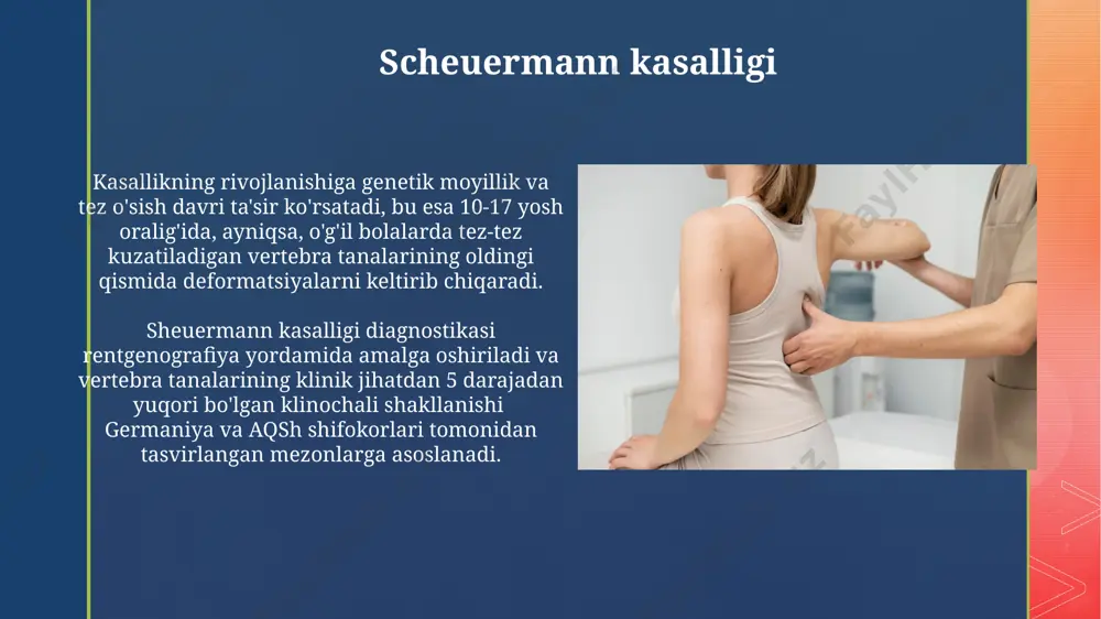 tasvirlash usullari, masalan, yuqori chastotali ultratovush tekshiruvi samarqand viloyatida qo'llaniladi. bemorning shikoyatlari, fizik tekshiruv natijalari va laboratoriya tahlillari (qon, siydik tahlillari) osteoxondropatiyalar diagnostikasida muhim rol o'ynaydi, ayniqsa, 20-30 yosh oralig'ida toshkent shahrida. skoliozning sabablari umurtqa pog'onasining noto'g'ri rivojlanishi, masalan, vertebra tanasining 30% dan ortiq asimmetriyasi, 7 yoshgacha bo'lgan bolalarda skolioz rivojlanishiga olib kelishi mumkin, bu esa keyinchalik progressiv ravishda kuchayadi. o'zbekistonda o'tkazilgan tadqiqotlarga ko'ra, skoliozning 20% dan ortig'i irsiy omillar bilan bog'liq bo'lib, 15-25 yosh oralig'ida ko'proq uchraydi, ayniqsa, qashqadaryo viloyatida. osteoxondropatiyalarning davolash usullari og'ir holatlarda, ayniqsa, 30 darajadan yuqori bo'lgan skolioz bilan birga kelgan osteoxondropatiyalarda, jarrohlik aralashuvi, masalan, toshkentdagi ixtisoslashgan klinikalarda o'murtqa korreksiyasi operatsiyasi o'tkaziladi. osteoxondropatiyalarni davolashda, masalan, 15-20 yoshgacha bo'lgan bemorlarda konservativ usullar, ya'ni fizioterapiya, dori-darmonlar va maxsus mashqlar samarqanddagi reabilitatsiya markazlarida qo'llaniladi. skoliozning diagnostikasi magnit-rezonans tomografiya (mrt) skolyozning sababini aniqlash uchun, ayniqsa, umurtqa pog'onasidagi boshqa anomaliyalarni yoki suyak shikastlanishlarini aniqlash uchun samarkand va buxoroda ham qo'llaniladi. skolyozning …