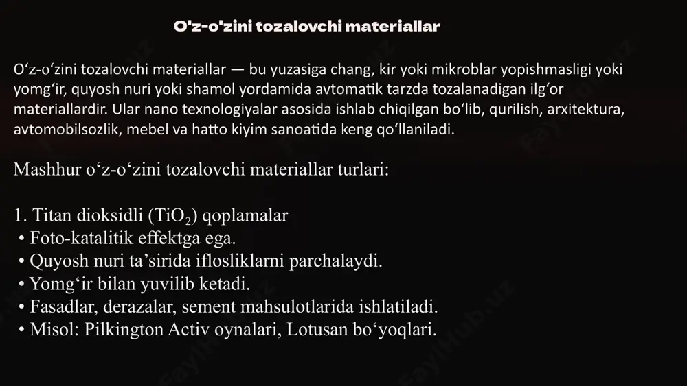 alliy xom ashyodan foydalanish imkoniyatlari resurslarning mavjudligi mahalliy xom ashyoning zaxiralari va ulardan foydalanish imkoniyatlari. transport xarajatlari mahalliy xom ashyodan foydalanish transport xarajatlarini kamaytiradi. iqtisodiy foyda mahalliy ishlab chiqarishni rivojlantirish va yangi ish o'rinlarini yaratish. mahalliy xom ashyodan foydalanish imkoniyatlari resurslarni tejash, transport xarajatlarini kamaytirish va mahalliy ishlab chiqarishni rivojlantirish imkonini beradi. mahalliy xom ashyoning zaxiralari, ulardan foydalanish imkoniyatlari va iqtisodiy foyda qurilish sohasida mahalliy ishlab chiqarishni rivojlantirishning muhim omilidir. 12 xulosa va kelajakdagi yo'nalishlar zamonaviy pardozlash va issiqlik izolatsiyasi materiallarini yaratish qurilish sohasida katta imkoniyatlar yaratadi. yangi materiallar, innovatsion texnologiyalar, ekologik tozalik, nano-texnologiyalarning roli, chidamlilik, energiya tejamkorligi, sinovdan o'tkazish va sertifikatlashtirish, mahalliy xom ashyodan foydalanish imkoniyatlari kelajakda qurilish sohasini rivojlantirishning muhim yo'nalishlaridir. kelajakda yanada innovatsion va tejamkor materiallar yaratishga e'tibor qaratish lozim. 13 image1.png image2.png image3.png image4.png image5.png image6.png image7.png image8.png image9.png image10.png image11.png image12.png image13.png image14.png image15.png image16.png image17.png image18.png image19.png image20.png image21.png