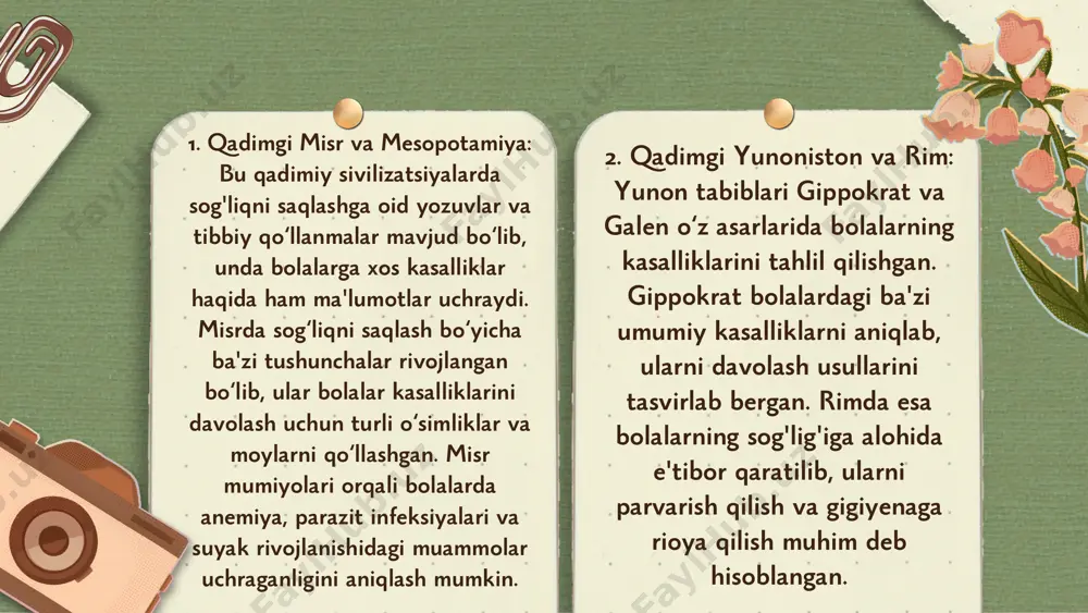 ovli immunizatsiya kampaniyalarini boshqardi. bu kampaniyalar qizamiq, qoqshol, difteriya va ko‘kyo‘tal kabi kasalliklarga qarshi vaksinani keng joriy etdi. ko‘plab davlatlarda ommaviy emlash dasturlari orqali bolalar orasida bu kasalliklarning tarqalishi sezilarli darajada kamaydi. 3. poliomiyelitni yo'q qilishga qaratilgan harakatlar: 1980-yillarda poliomiyelitni yo'q qilish bo‘yicha global sa’y- harakatlar boshlandi. bu kampaniyalar 1990- yillarda yanada kuchayib, ko‘plab mamlakatlarda poliomiyelit kasalligi deyarli yo‘q qilindi 1. chechakning butunlay yo'q qilinishi: 1980-yilda jahon sog‘liqni saqlash tashkiloti (jsst) chechakning butunlay yo‘q qilinganini e’lon qildi. bu tarixda ilk bor insoniyat bir yuqumli kasallikni butunlay yo‘q qilishga muvaffaq bo‘lgan payt edi. chechakning yo‘q qilinishi bolalar uchun katta yutuq bo‘ldi va vaksinalash dasturlarining ahamiyatini yana bir bor ko‘rsatdi. 5. bolalar o‘limining kamayishi: 1980-yillarda vaksinalash, gigiyenik sharoitlarni yaxshilash va tibbiyot xizmatlariga kirish imkoniyatining oshishi tufayli bolalar o‘limi darajasi sezilarli darajada kamaydi. yuqumli kasalliklar tufayli kelib chiqqan o‘lim holatlari qisqarib, bolalar o‘rtasida sog‘lomlik darajasi yaxshilandi. 6. ovqatlanish va parvarish dasturlari: 1980- yillarda …