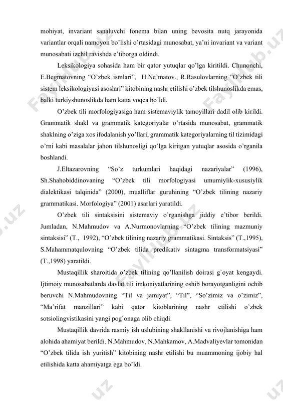 ing mazmuniy sintaksisi” (т., 1992), “o’zbek tilining nazariy grammatikasi. sintaksis” (т.,1995), s.mahammatqulovning “o’zbek tilida predikativ sintagma transformatsiyasi” (т.,1998) yaratildi. mustaqillik sharoitida o’zbek tilining qo’llanilish doirasi g`oyat kengaydi. ijtimoiy munosabatlarda davlat tili imkoniyatlarining oshib borayotganligini ochib beruvchi n.mahmudovning “тil va jamiyat”, “тil”, “so’zimiz va o’zimiz”, “ma’rifat manzillari” kabi qator kitoblarining nashr etilishi o’zbek sotsiolingvistikasini yangi pog`onaga olib chiqdi. mustaqillik davrida rasmiy ish uslubining shakllanishi va rivojlanishiga ham alohida ahamiyat berildi. n.mahmudov, n.mahkamov, a.madvaliyevlar tomonidan “o’zbek tilida ish yuritish” kitobining nashr etilishi bu muammoning ijobiy hal etilishida katta ahamiyatga ega bo’ldi. foydalanilgan adabiyotlar 1. abu ali ibn sino. fonetika haqida risola. –т., “o’zbekiston”, 1979. nashrga tayyorlovchilar: a.mahmudov, q.mahmudov. 2. abu nasr forobiy. fozil odamlar shahri. –т., abdulla qodiriy nomidagi xalq merosi nashriyoti, 1993. 3. abu rayxon beruniy. izbrannie proizvedeniya. тom 1, -т., 1974. 4. abul qosim az-zamahshariy. nozik iboralar. –т., “fan”, 1992. 5. abulg`oziy bahodirxon. shajarayi tarokima. –т., “fan”,1992. 6. abulg`oziy bahodirxon. …