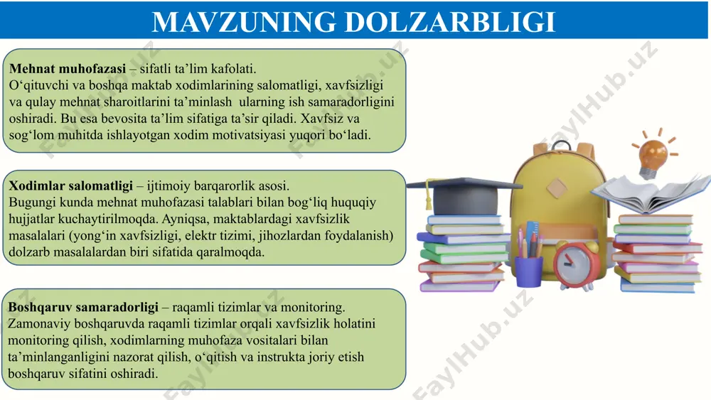 auditlar o‘tkaziladi. mavzu yuzasidan xorijiy davlatlar tajribalari mavzuni qiyosiy tahlil etilganligi № amaldagi holat (oʻzbekistonda) amaldagi holat (xorijda) taklif 1 aksariyat umumta’lim maktablarida mehnat muhofazasining talab darajasida emasligi, bu esa xodimlar salomatligiga tahdid tug‘diradi. kanadada mehnat muhofazasi tizimi davlat va xususiy sektor o‘rtasidagi hamkorlik asosida ishlaydi. xodimlar xavfsizligi bo‘yicha ko‘plab normativ hujjatlar mavjud va ularning bajarilishi qat’iy nazorat qilinadi. maktablarda xodimlar uchun xavfsizlikni oshirishga qaratilgan maxsus kurslar va treninglar tashkil etilgan. o‘qituvchilar va texnik xodimlar uchun yilda kamida ikki marta mehnat xavfsizligi va yong‘in xavfsizligi bo‘yicha treninglar o‘tkazilishi zarur. 2 maktablarimizda o‘qituvchilar va boshqa texnik xodimlar mehnat muhofazasiga oid qonun va qoidalardan yetarlicha xabardor emas. bu xavfsizlik qoidalariga amal qilinmasligiga olib keladi. yaponiyada xodimlar xavfsizligi uchun yuqori darajadagi e’tibor mavjud. maktablarda xodimlarga xavfsizlikni ta’minlash uchun maxsus treninglar o'tkazilib, xodimlar o‘rtasida xavfsizlikni oshirish bo‘yicha joriy amaliyotlar to‘g‘risida doimiy ravishda o‘qitish ishlari amalga oshiriladi. yaponiyada ham mehnat muhofazasi uchun maxsus maslahat xizmatlari …