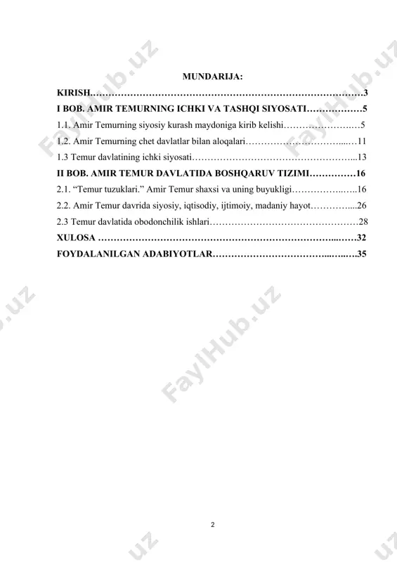 ng nishonlanishi – bu hozirgi minnatdor avlodlarning , qolaversa, jahon ahlining bu buyuk zotga, uning ulug’vor ishlariga bildirgan cheksiz hurmati va e’zozi ramzidir. adolat va insof bilan tangri yaratgan bandalarini o’zimdan rozi qildim. gunohkorga ham, begunohga ham rahm qilib, haqqoniyat yuzasidan hukm chiqardim. xayr-ehson ishlarim bilan odamlar ko’nglidan joy oldim. amir temur. mo‘g‘ullar hukmronligi davrida xalq azob chekdi, xo‘rlandi, talandi. chig‘atoy xonlari bilan mahalliy aholi, zodagonlar o‘rtasida ziddiyat tobora keskinlashdi. bu ziddiyatlar natijasida chig‘atoy ulusi bo‘linib ketdi va bu bo‘lingan davlatlar o‘rtasida o‘zaro kurash avj olib, mo‘g‘ul xonlarining movarounnahrga hujumlari ko‘paydi. bunday vaziyat mamlakatdan, xalq orasidan kuchli, bilimli, irodali, vatanparvar, elparvar bir shaxsning chiqishini,bu shaxs yurtni ozod etib, uni birlashtirib, xalqni taraqqiyot sari yetaklovchilik rolini bajarishini taqozo etayotgan edi.xx asming 60-yillari oxirida 0 ‘zbekistonning taniqli faylasuf olimi ibrohim mo‘minov “amir temuming 0 ‘rta osiyo tarixida tutgan o‘rni” nomli risola yozib, temurning shu yurtga va xalq uchun qilgan xizmatlariga yuksak baho …