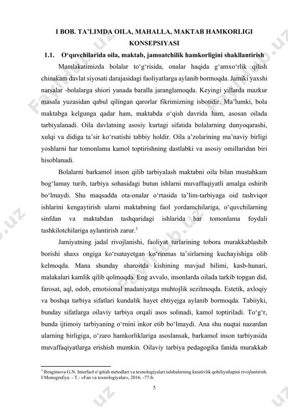did, farosat, aql, odob, emotsional madaniyatga muhtojlik sezilmoqda. estetik, axloqiy va boshqa tarbiya sifatlari kundalik hayet ehtiyejga aylanib bormoqda. tabiiyki, bunday sifatlarga oilaviy tarbiya orqali asos solinadi, kamol toptiriladi. to‘g‘r, bunda ijtimoiy tarbiyaning o‘rnini inkor etib bo‘lmaydi. ana shu nuqtai nazardan ularning birligiga, o‘zaro hamkorliklariga asoslansak, barkamol inson tarbiyasida muvaffaqiyatlarga erishish mumkin. oilaviy tarbiya pedagogika fanida murakkab muammolardan biridir. uning murakkabligi shundaki, har bir oila o‘ziga xos ibtidoiy guruh bo‘lib, tarbiyada faqat mazkur guruhga xos xususiyatlarga asoslanadi. bola tarbiyalashda buyuk mutafakkir bobomiz mirzo ulugbek shunday deganlar: "oilada ota-onalar ayniqsa o‘qimishli ota-onalar o‘z farzandlarining haqiqiy inson bo‘lib kamol topishiga alohida e’tibor berishlari lozim". shunday ekan, har bir ota-ona farzandining tarbiyasiga ko‘proq e’tibor berishi, ularga alohida vaqt ajratib, odob-axloqdan dars berishi, yomonlarga yaqin yo‘latmasligi lozim ekan. ana shunda ular ota-onasi va el-yurtiga xizmat qiladigan, ularga ikki dunyoda obo‘ olib keladigan yuzlarini yorug va boshlarini yuqori qiladigan farzand bo‘lib ulgayishadi. uzoq va boy …