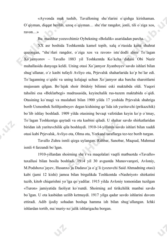 adilar. 1915 yilda avloniy tomonidan tuzilgan «turon» jamiyatida faoliyat ko`rsatdi. shoirning asl tirikchilik manbai savdo bo`lgan. u ota kasbidan uzilib ketmaydi. 1917 yilga qadar savdo ishlarini davom ettiradi. adib ijodiy sohadan boshqa hamma ish bilan shug`ullangan. ichki ishlardan tortib, ma`muriy-xo`jalik ishlarigacha borgan. qaysi sohada ishlamasin, shoir ijod qilishdan chekinmadi. chunki ijodkor bo`lib shakllanishida toshkent adabiy muhiti, ayniqsa, «beklarbegi» madrasasining roli katta bo`ldi. shu madrasaning nufuzini belgilagan sayramlik shoir yusuf saryomiy unga ustozlik qilgan. taxallusni ham saryomiy unga tavsiya qilgan. uning hayotlik chog`ida chop etilgan yagona she`riy to`plami «ravnaqul islom» kitobidir. mazkur she`riy to`plam shoir ijodini baholashdagi yagona manbadir. to`plam hajman uncha katta emas – 70 tacha she`r kiritilgan. tavallo yaxshigina publitsist ham bo`lgan, ammo maqolalarining hammasi ham yetib kelmagan, yetib kelgani ham to`plangan emas, hozircha tarqoq holda. tavallo «mushtum» hajviy jurnalining faollaridan bo`lgan. 20-yillarda «mag`zava» taxallusi bilan bir qancha hajviy she`rlari chop etilgan. shoir zamon voqealariga befarq emas edi. ko`p …